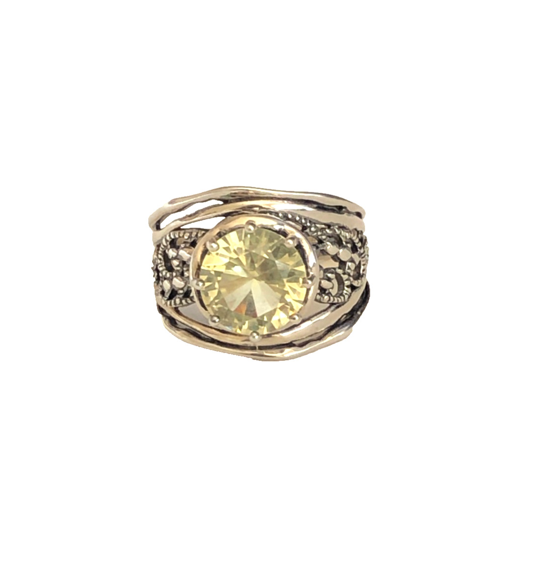 PZ Israel Scrolled Pebble Sides Lemon Quartz Sterling Silver Ring Band Sz 9