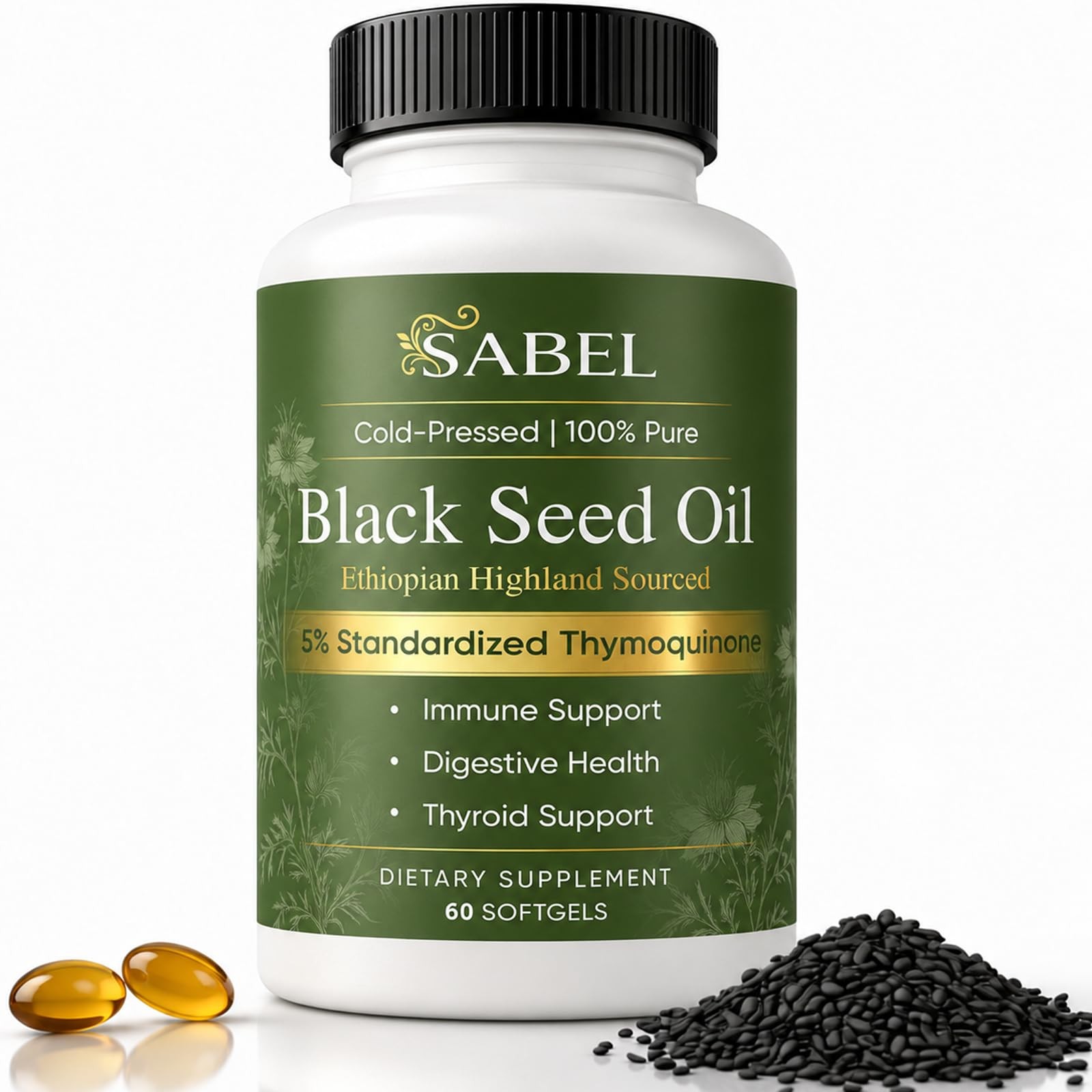 Sabel Ethiopian Black Seed Oil, Cold Pressed Black Seed Oil Capsules, 5% Thym...