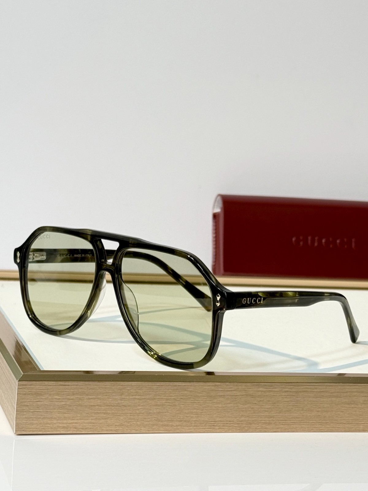 Gucci GG1443S Vintage Pilot Sunglasses Green Havana Acetate Light Green Lens Gucci GG1443S Vintage Pilot Sunglasses Green Havana Acetate Light Green Lens