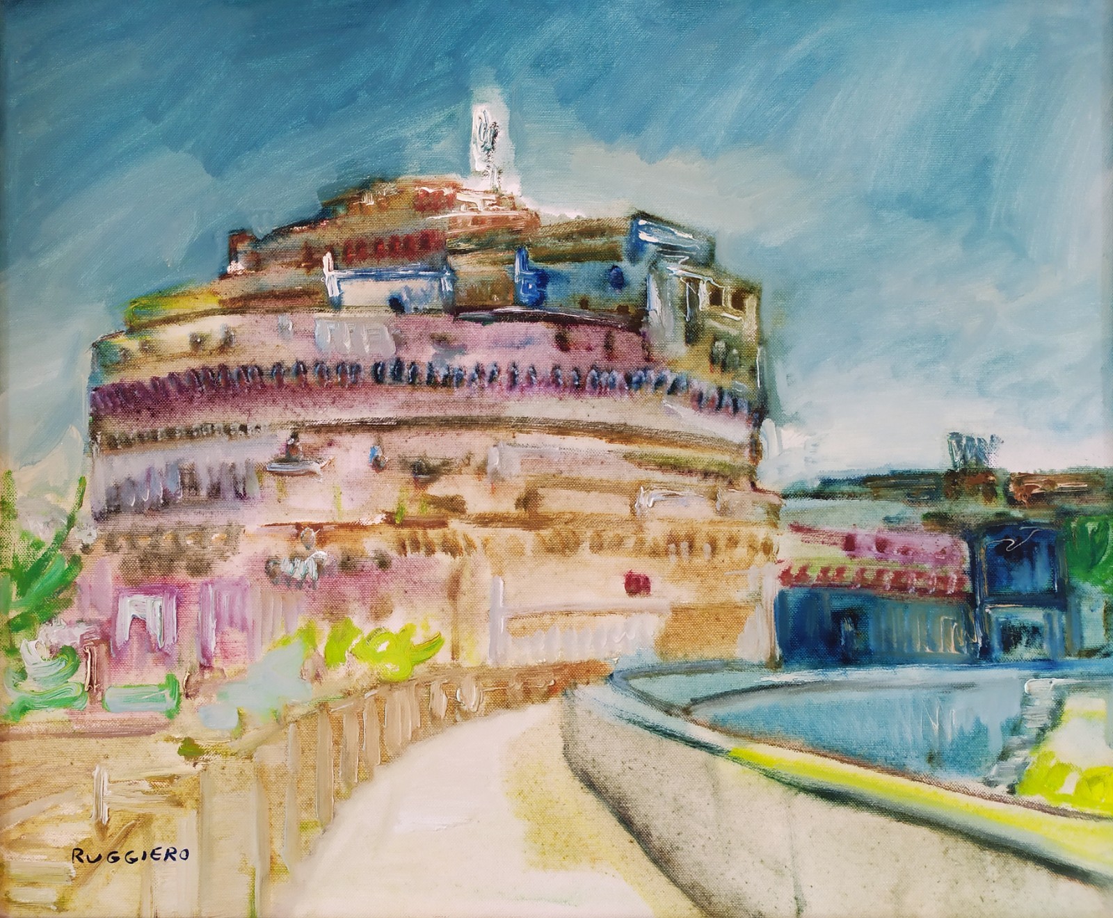 Amedeo Ruggiero Rome Cityscape Castel Sant\'Angelo Modernist Oil Painting signed