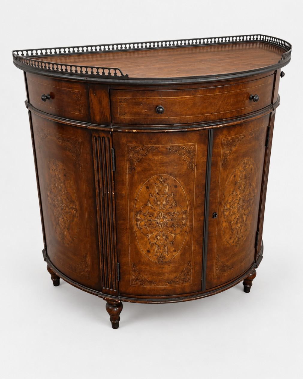 Antique Wood Inlay Demilune Sideboard Cabinet Gallery Rail Traditional