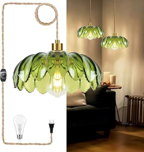 Pendant Light Fixture, Glass, Green, Boho Style, Dimmable, Plug In Hanging Lamp