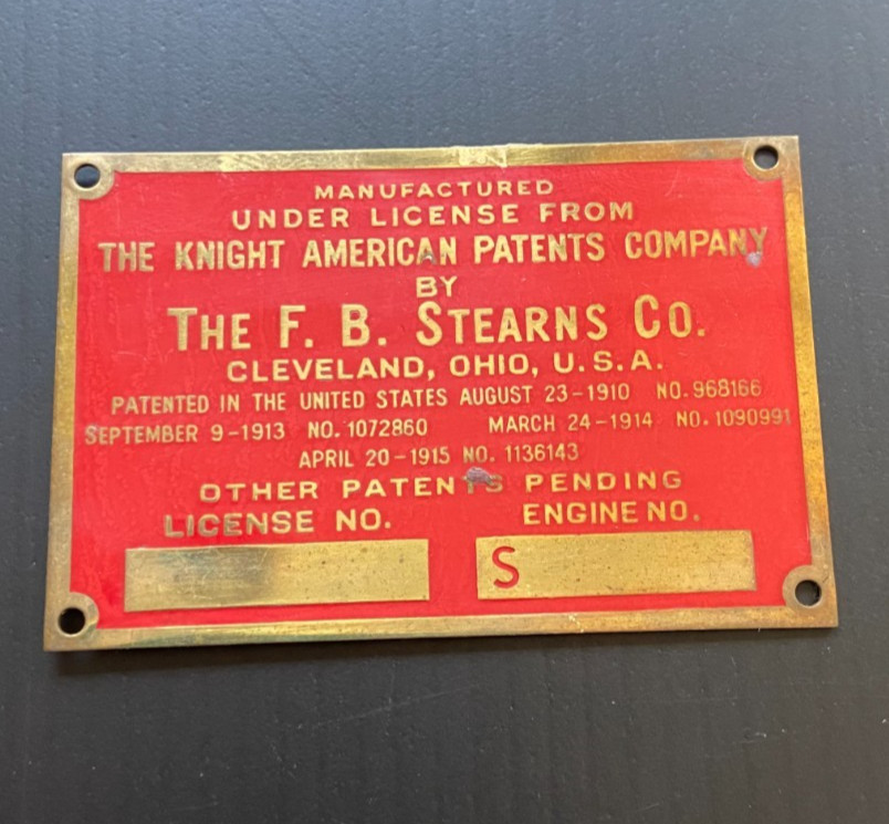 Antique Stearns Knight Brass & Enamel Engine Plate 1910s OEM License Badge Ohio