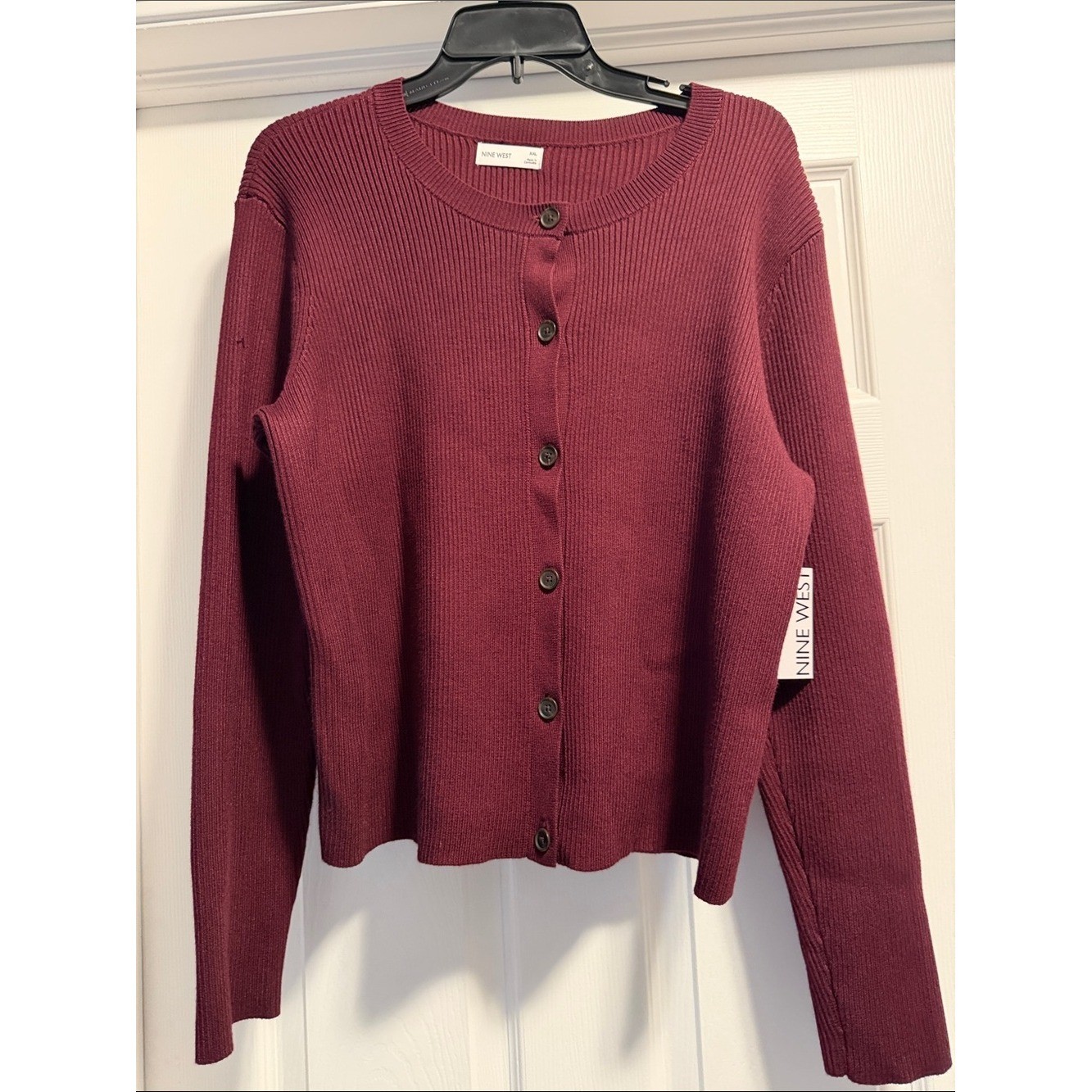 Nine West Burgundy Button-Front Ribbed Cardigan