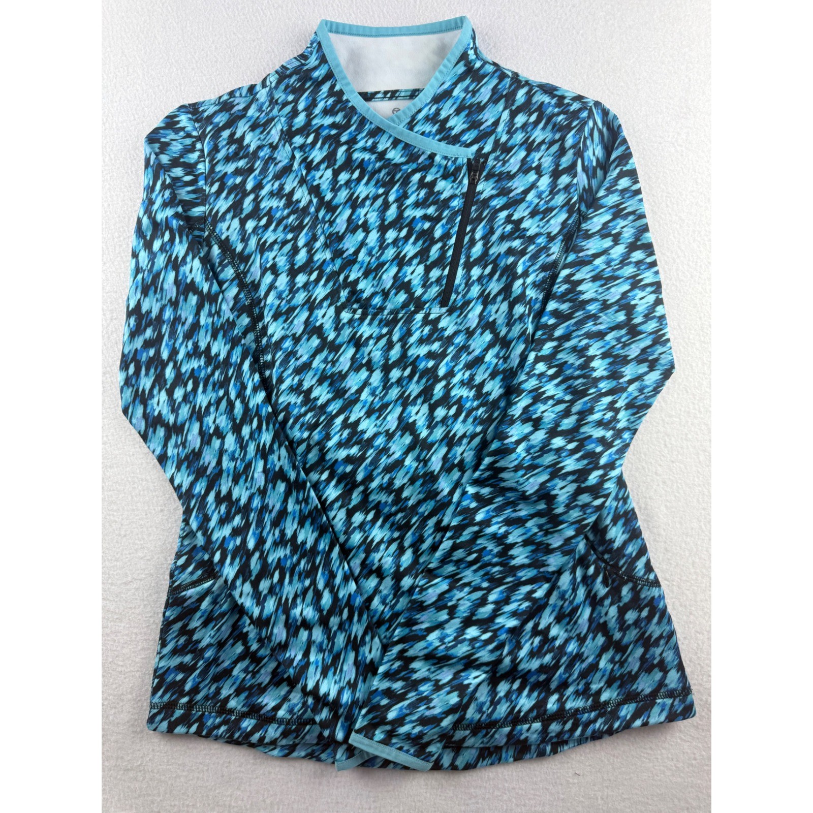 T by Talbots Womens XS Blue Abstract Ikat Asymmetrical Zip Mock Neck Pullover