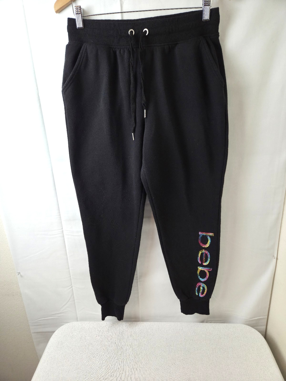 bebe Sport Black Cotton Blend Sequin Logoed Women\'s Sweatpants Pockets Sz M
