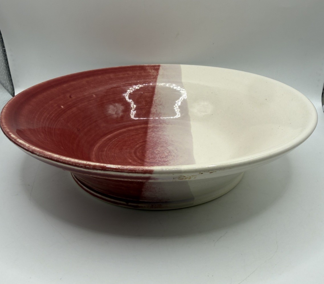 Sandra Delonis NC Studio Pottery Bowl Signed Hand Thrown Red Cream 7.75”