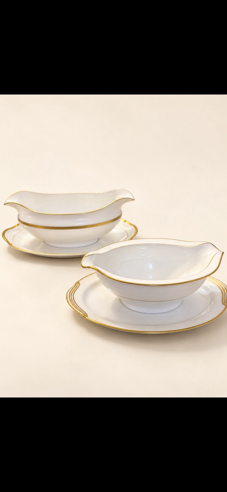 2 Noritake Gravy Boats with Attached Underplates White Gold Different Patterns 2 Noritake Gravy Boats with Attached Underplates White Gold Different Patterns