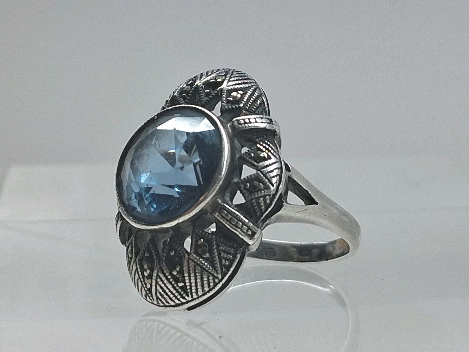Antique Theodor Fahrner Art Deco 925 Silver Blue Stone Marcasite Ring Germany 