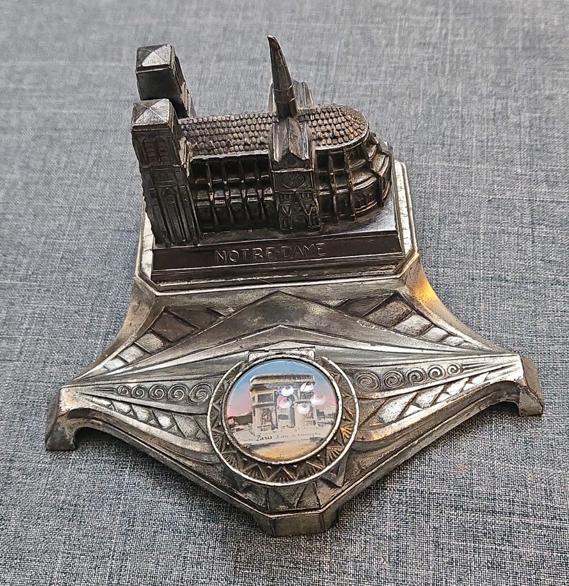 Vintage 1930's Cast Metal Art Deco Notre Dame Inkwell & Pen Rest Paris Souvenir Vintage 1930's Cast Metal Art Deco Notre Dame Inkwell & Pen Rest Paris Souvenir