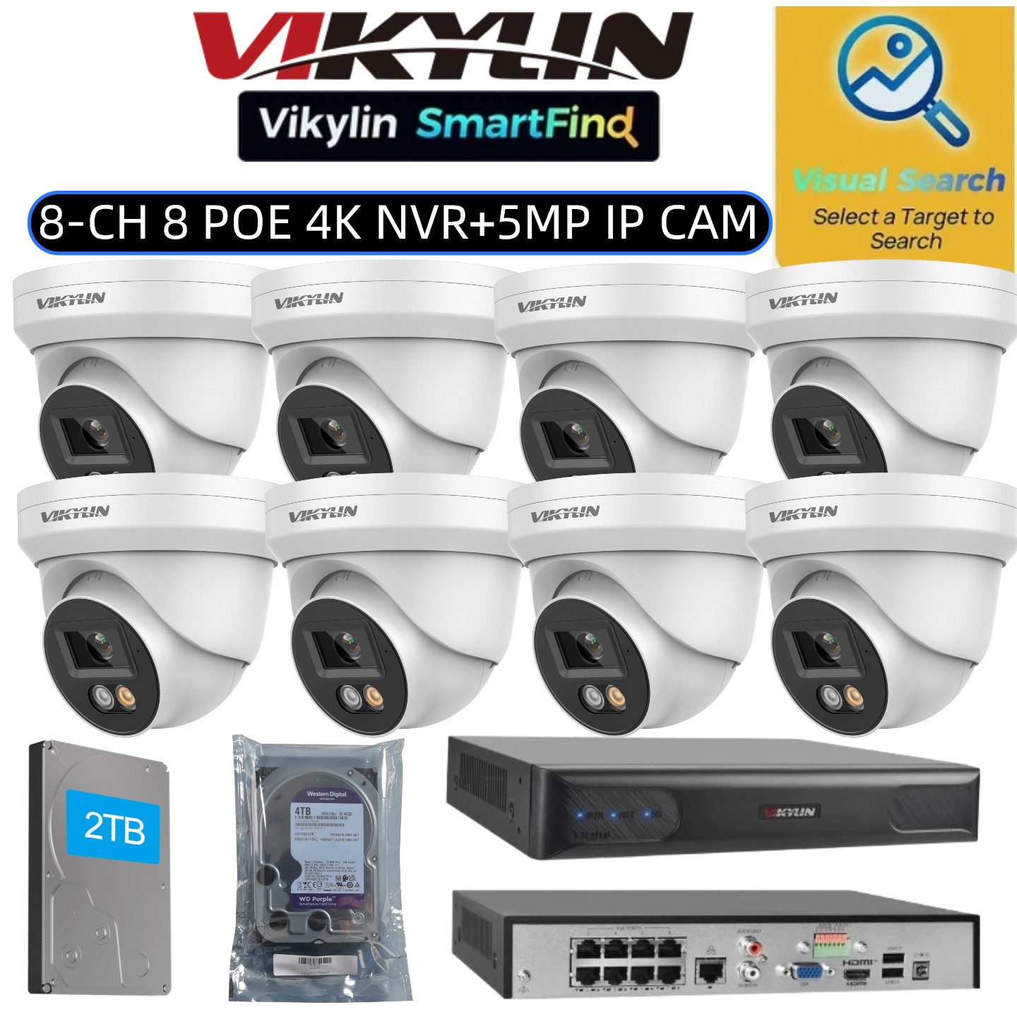Vikylin SmartFind 8POE 8CH NVR Set 5MP PoE IP Camera Dual Light Home Kit Lot