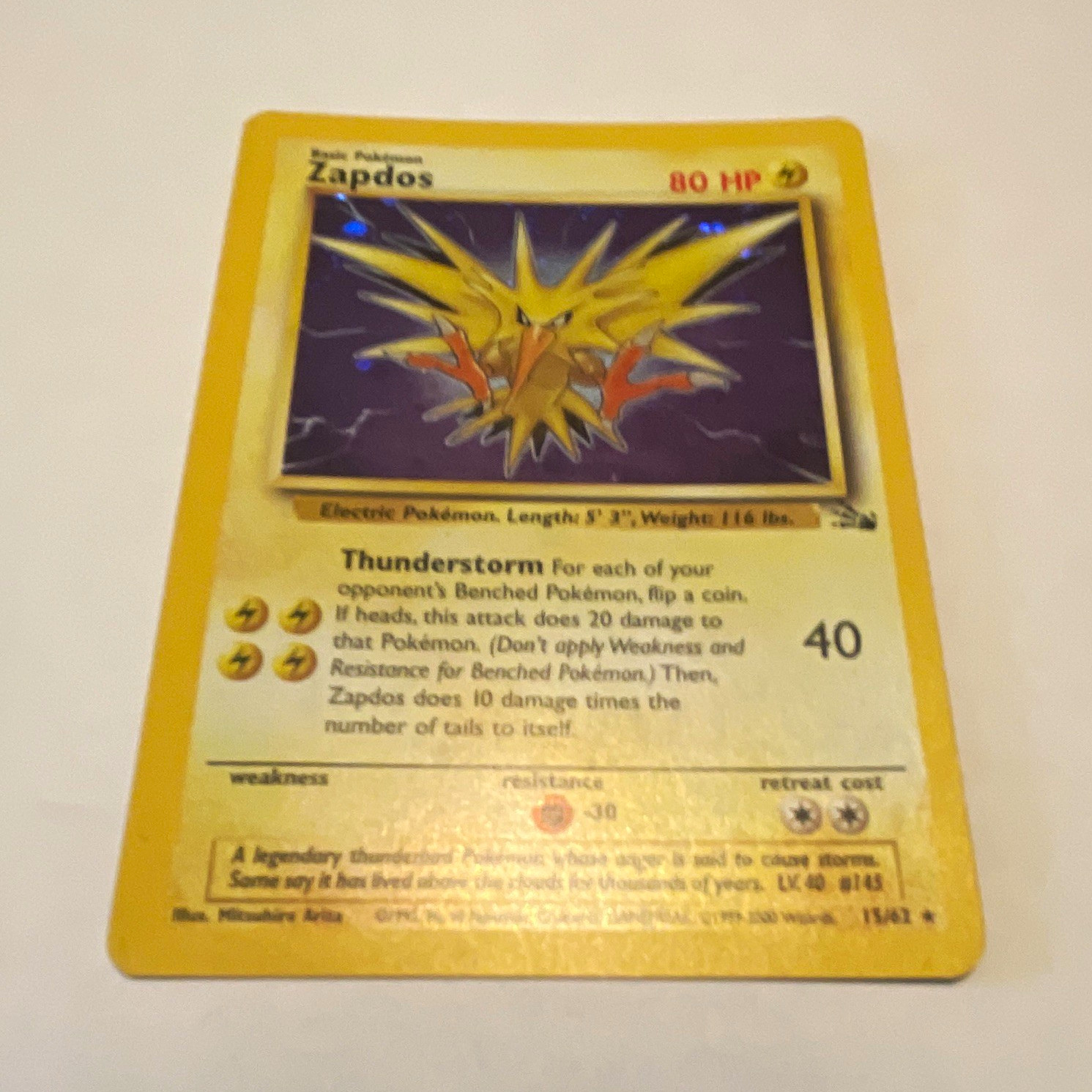 WOTC Pokémon TCG Zapdos 15/62 Fossil Holo Rare Unlimited 80 HP English 1999 WOTC Pokémon TCG Zapdos 15/62 Fossil Holo Rare Unlimited 80 HP English 1999