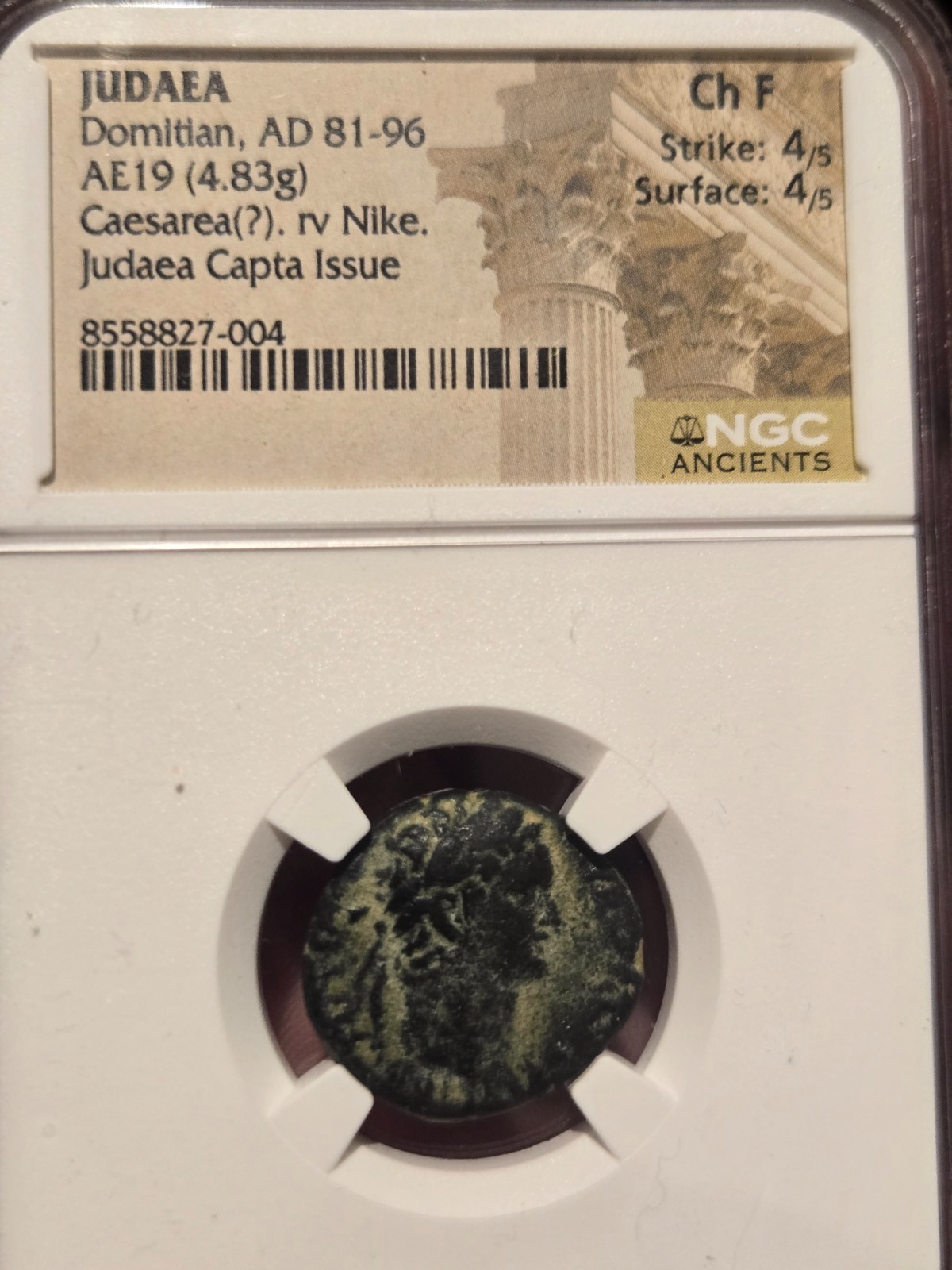 DOMITIAN JUDAEA CAPTA ISSUE, AUTHENTIC ROMAN COIN, AE19, NGC GRADE F