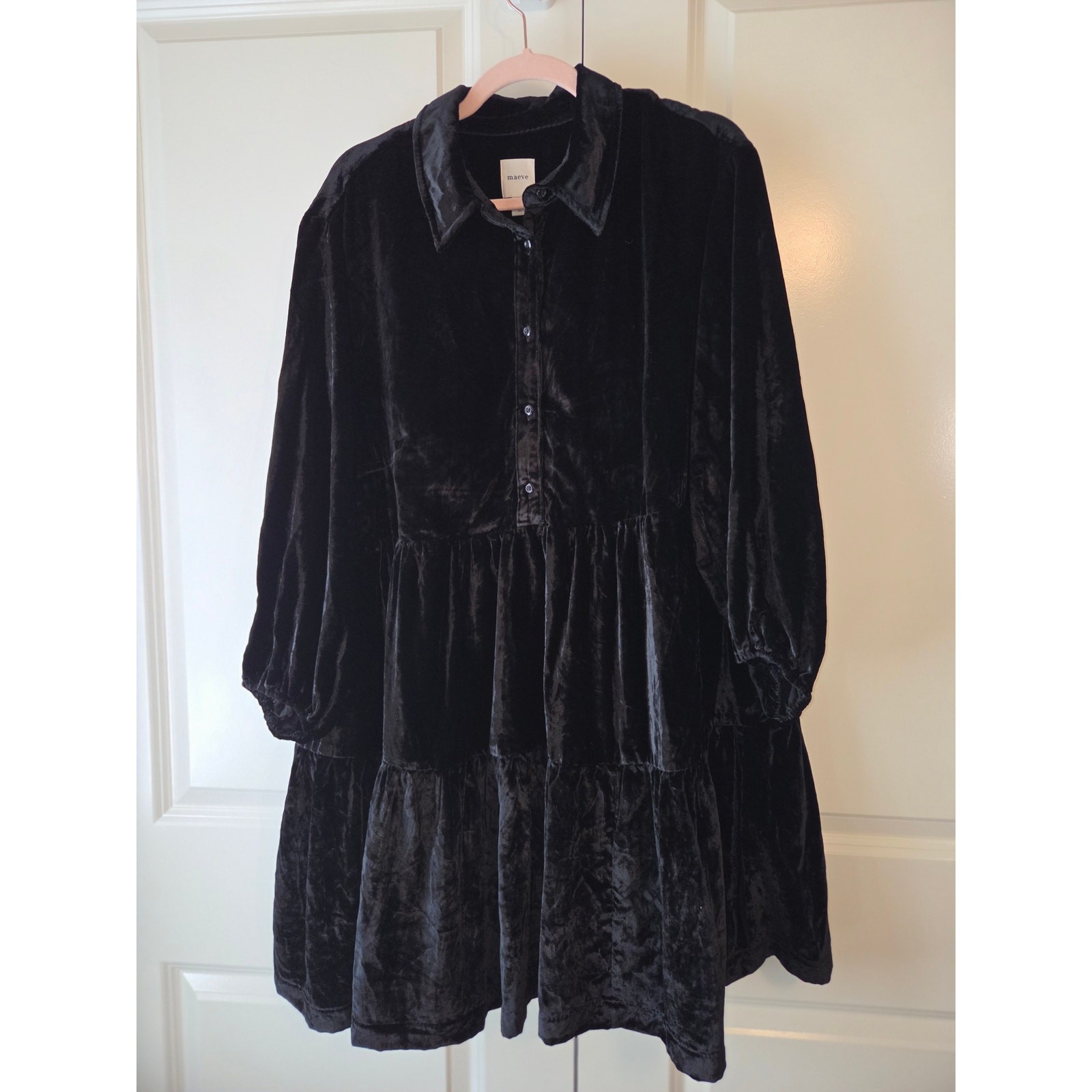 Maeve Anthropologie Black Velvet Bettina Tiered Mini Shirt Dress Size 1X NWT Maeve Anthropologie Black Velvet Bettina Tiered Mini Shirt Dress Size 1X NWT