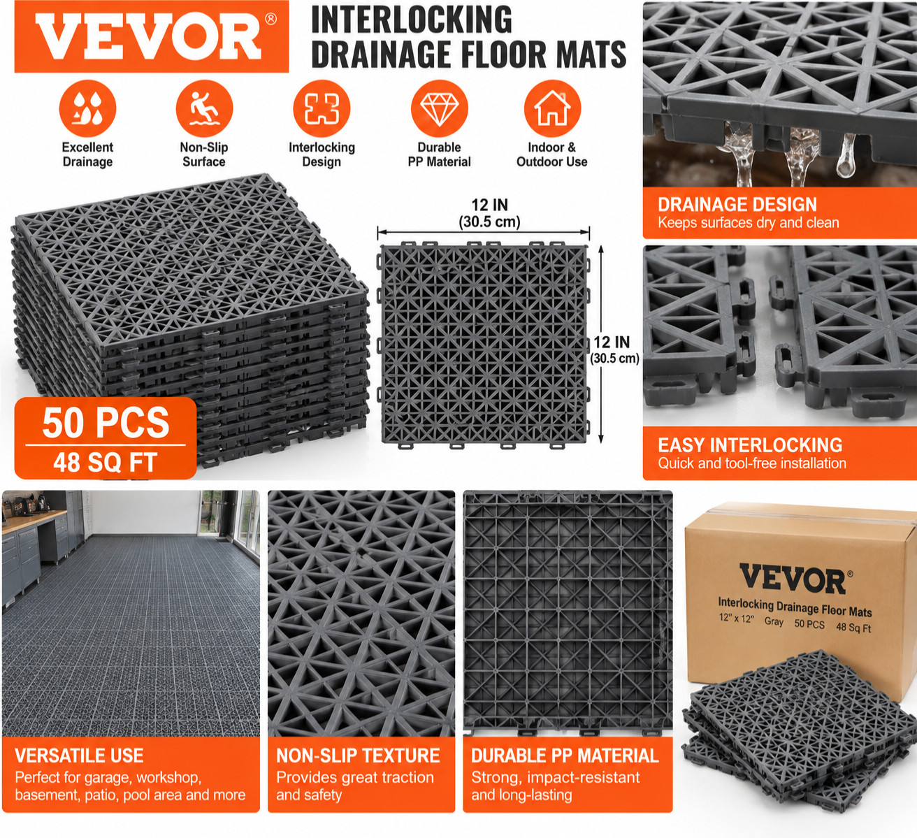VEVOR 50Pc Interlocking Drainage Floor Mats 12x12 Gray Non-Slip Tiles 48 Sq Ft VEVOR 50Pc Interlocking Drainage Floor Mats 12x12 Gray Non-Slip Tiles 48 Sq Ft