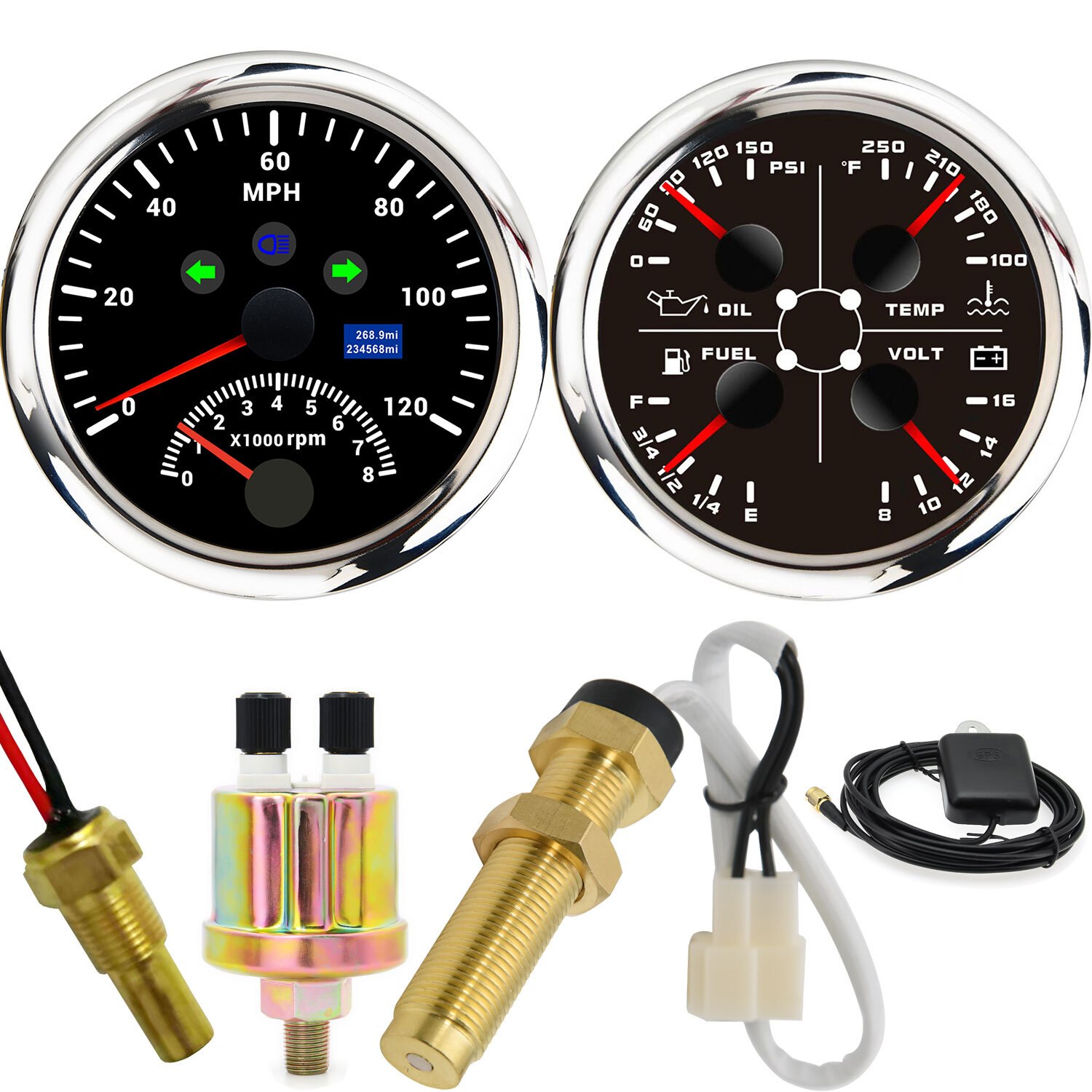 85mm GPS Speedometer with Tachometer and 85mm 4 in 1 Gauge Fuel Level Water Volt 85mm GPS Speedometer with Tachometer and 85mm 4 in 1 Gauge Fuel Level Water Volt