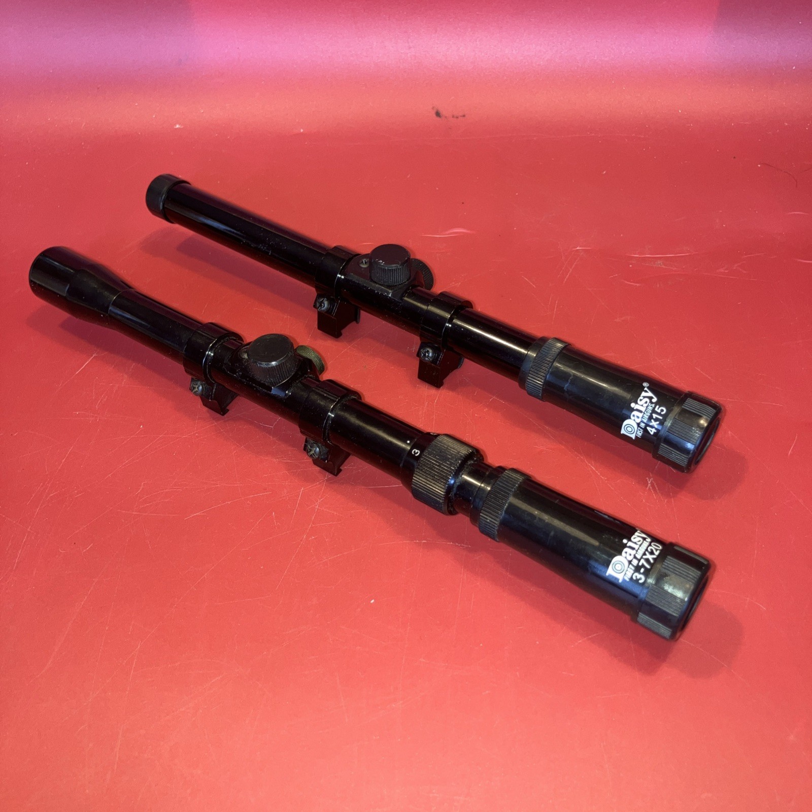 Lot Of 2 Daisy Scopes Adjustable 3-7x20 And Fixed 4x15 Both Work Well