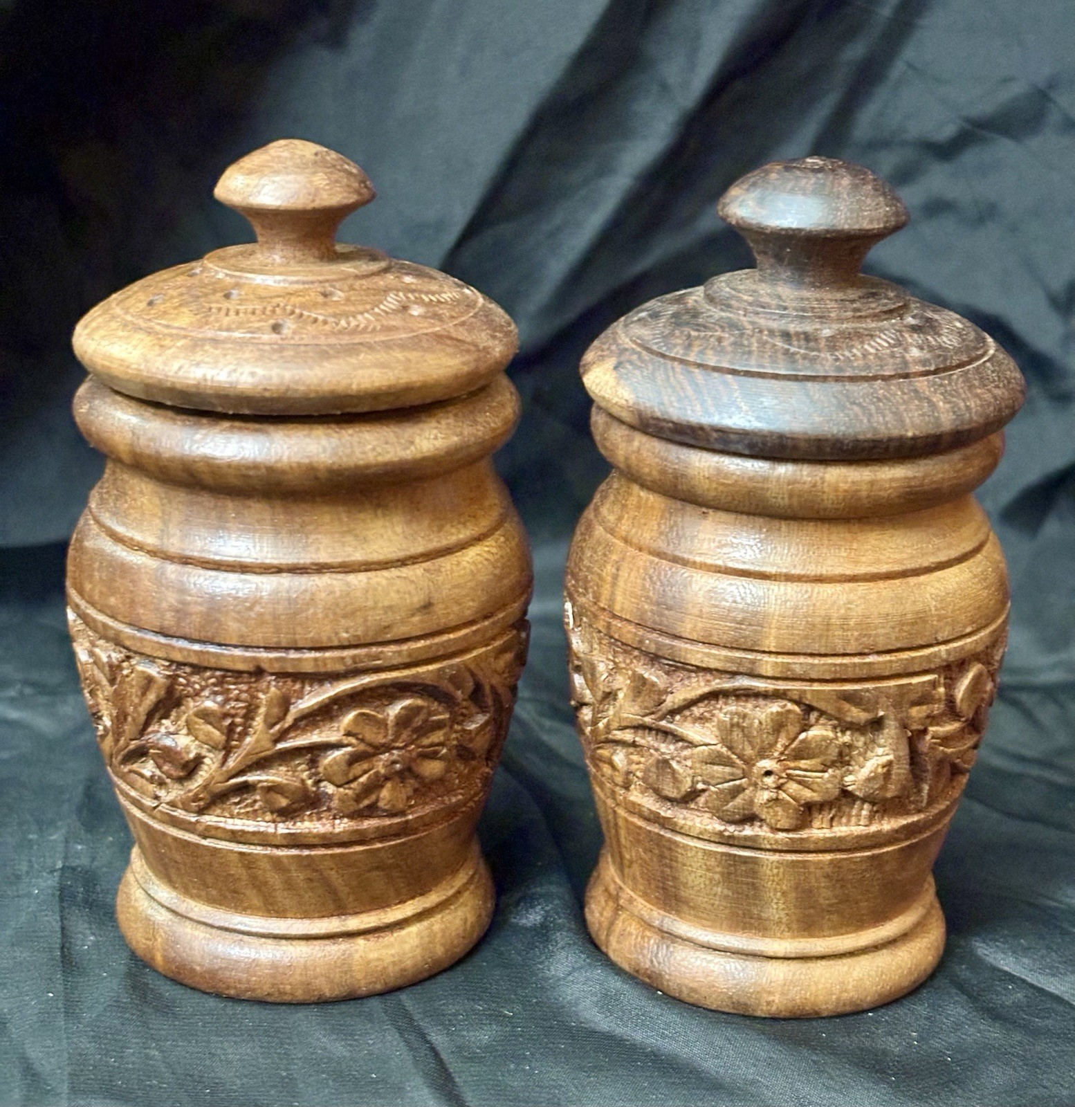 Vintage Hand Carved Wood Spice Jars Set of 2 Lidded Boho Canisters Made in India