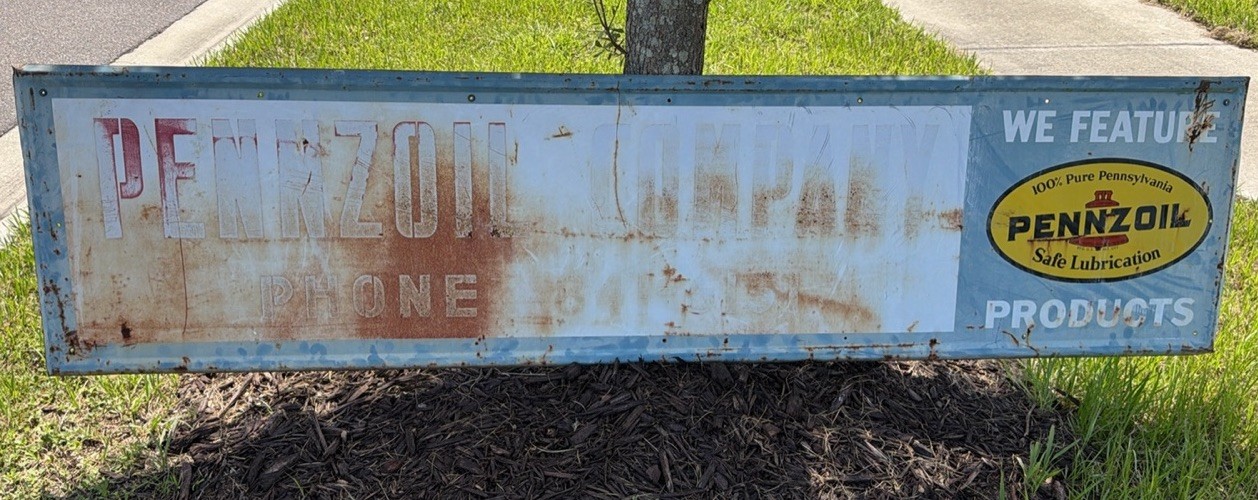 VTG 1969 PENNZOIL A-M Painted Metal Banner Sign 8ft x 2ft RARE LOCAL PICK-UP VTG 1969 PENNZOIL A-M Painted Metal Banner Sign 8ft x 2ft RARE LOCAL PICK-UP