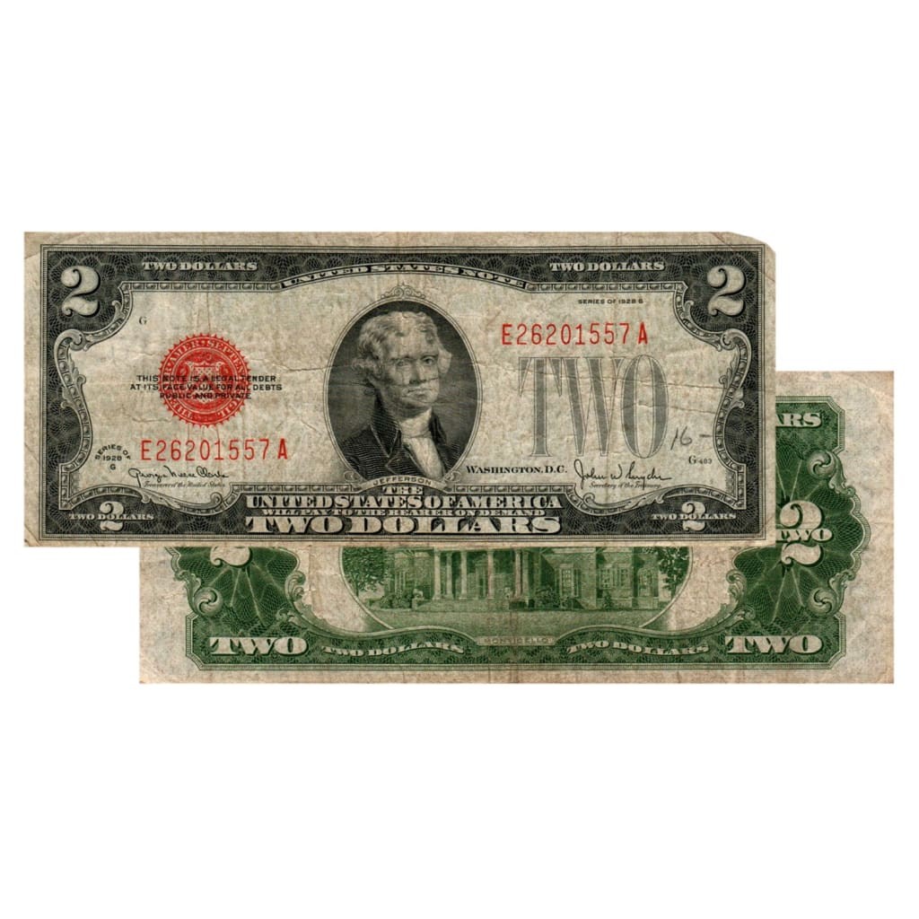 USA $2 1928 Red Seal Federal Reserve Note Banknote - Fine Condition