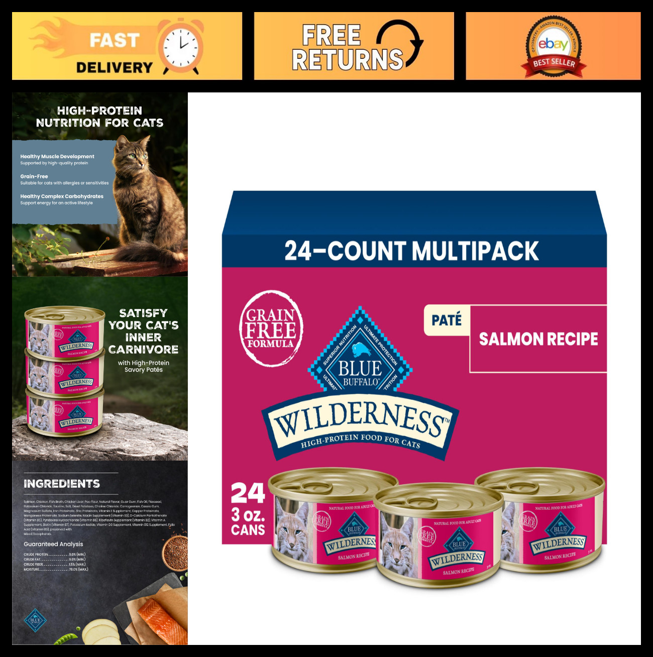 High-Protein Grain-Free Salmon Paté Wet Cat Food, 3 oz, 24 Pack - Active Life Su