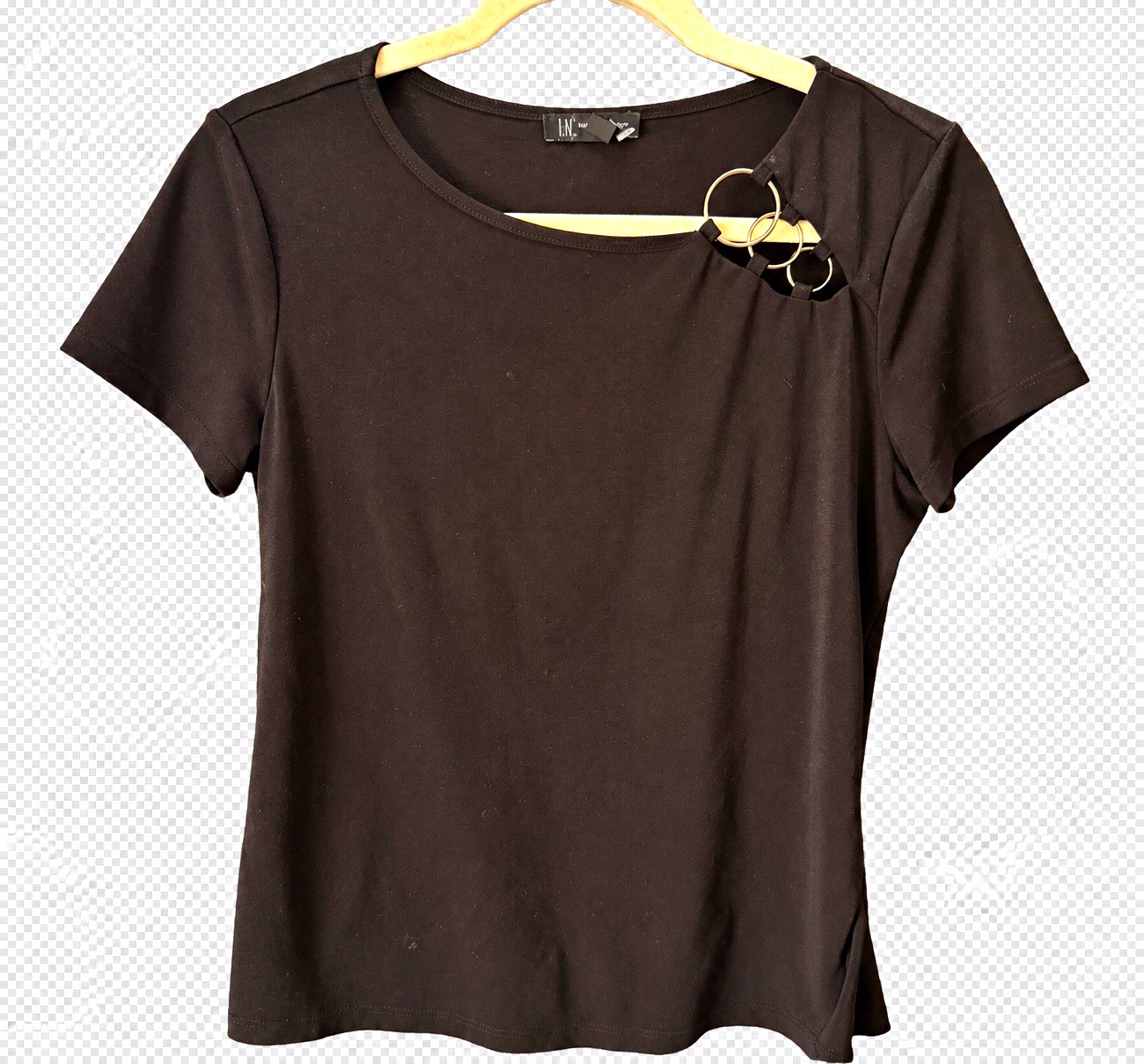 INC International Concepts Womens M Black Solid Knit Round Neck Ring Accent Top