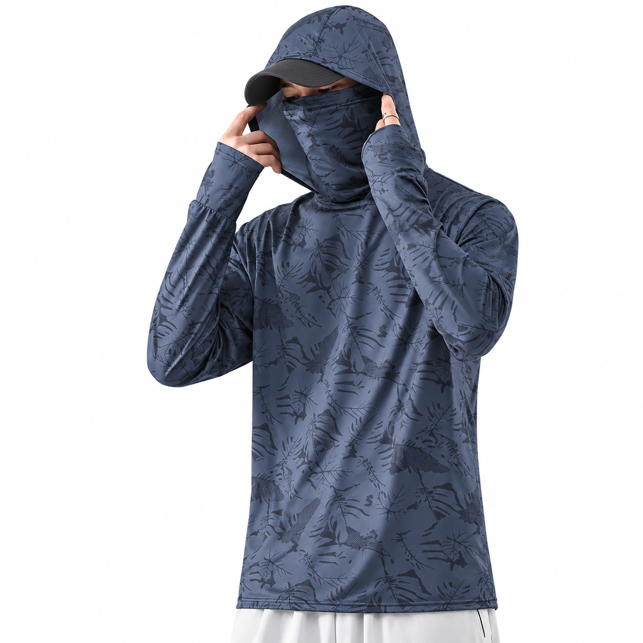 Men’s UPF 50+ Sun Protection Hoodie Shirt Long Sleeve Fishing Outdoor Gray Blue