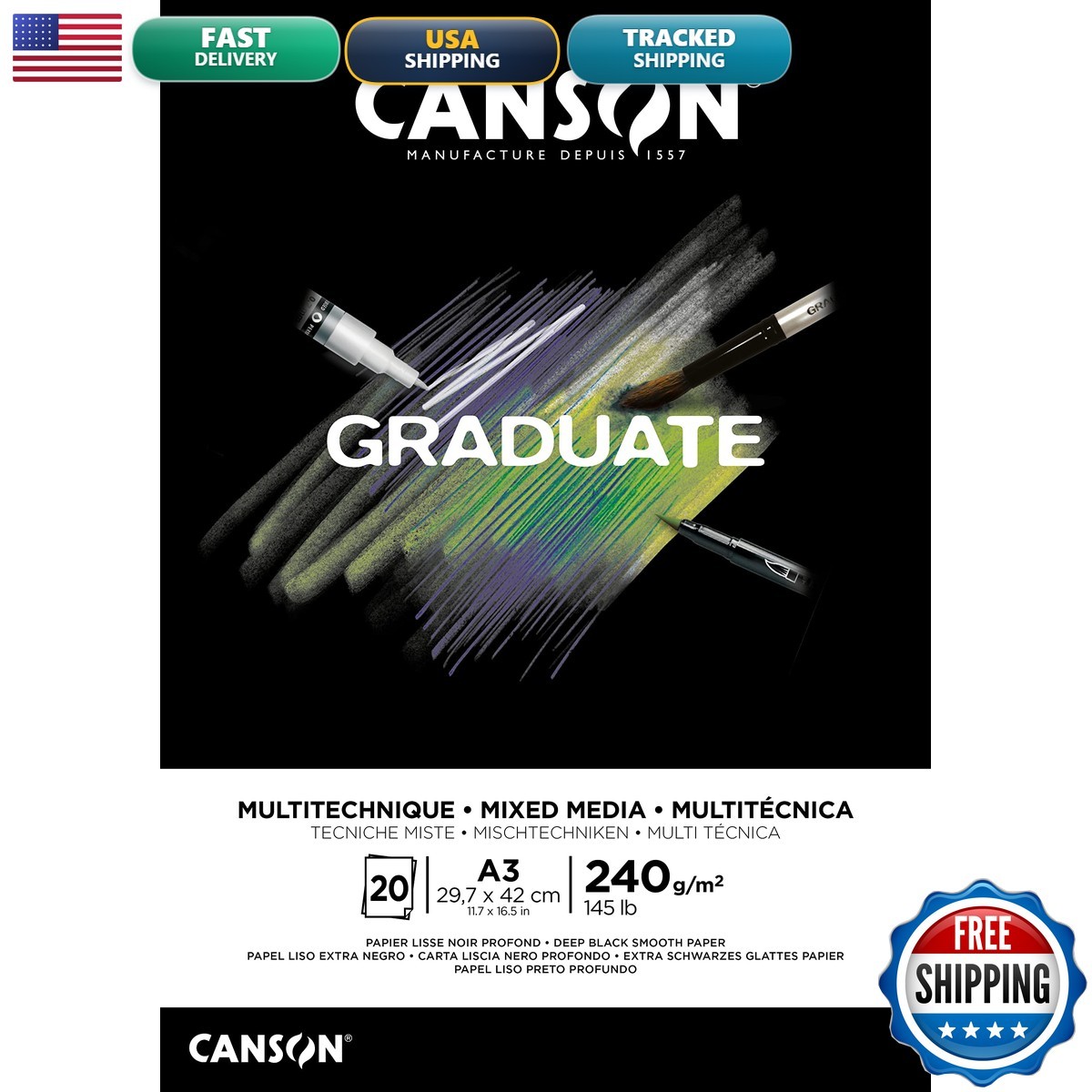 Canson Graduate Mix Media Glued Pad A3 20 Sheets Fine Black 240g Canson Graduate Mix Media Glued Pad A3 20 Sheets Fine Black 240g