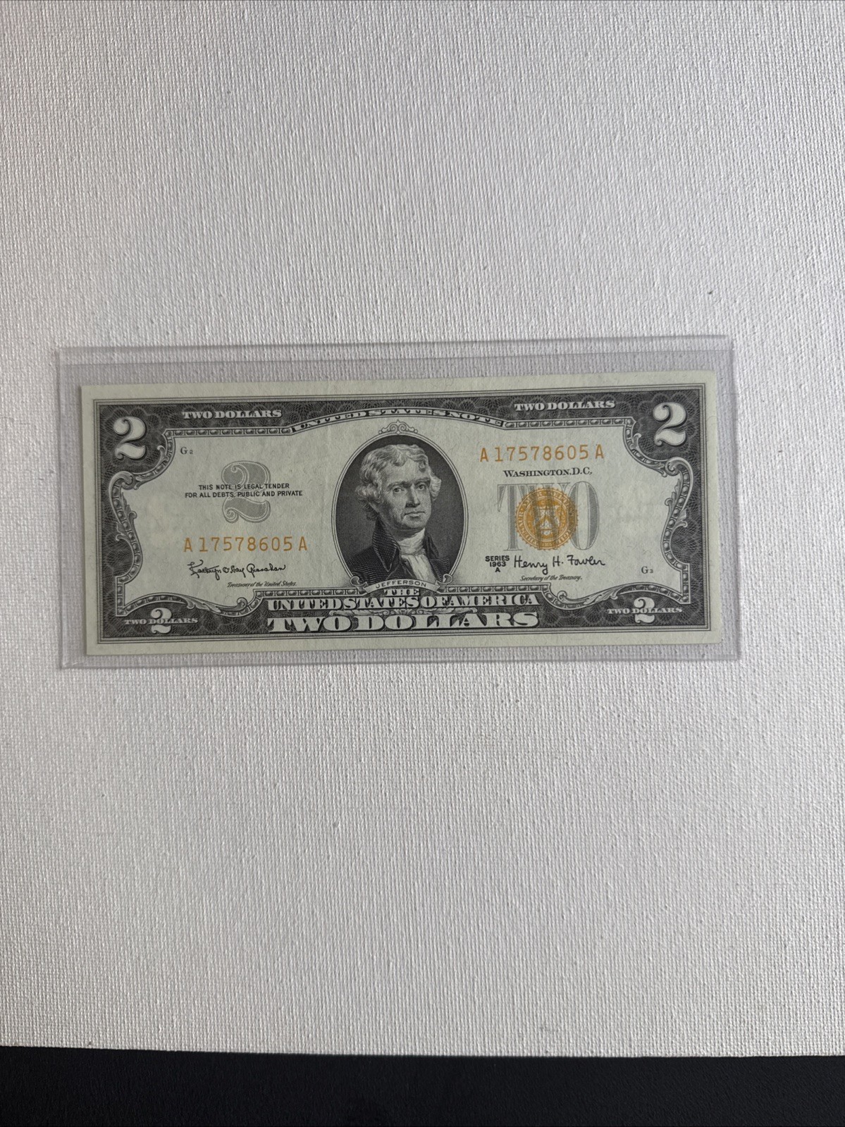 1963 A  $2  Dollar Bill  Yellow SEAL Note