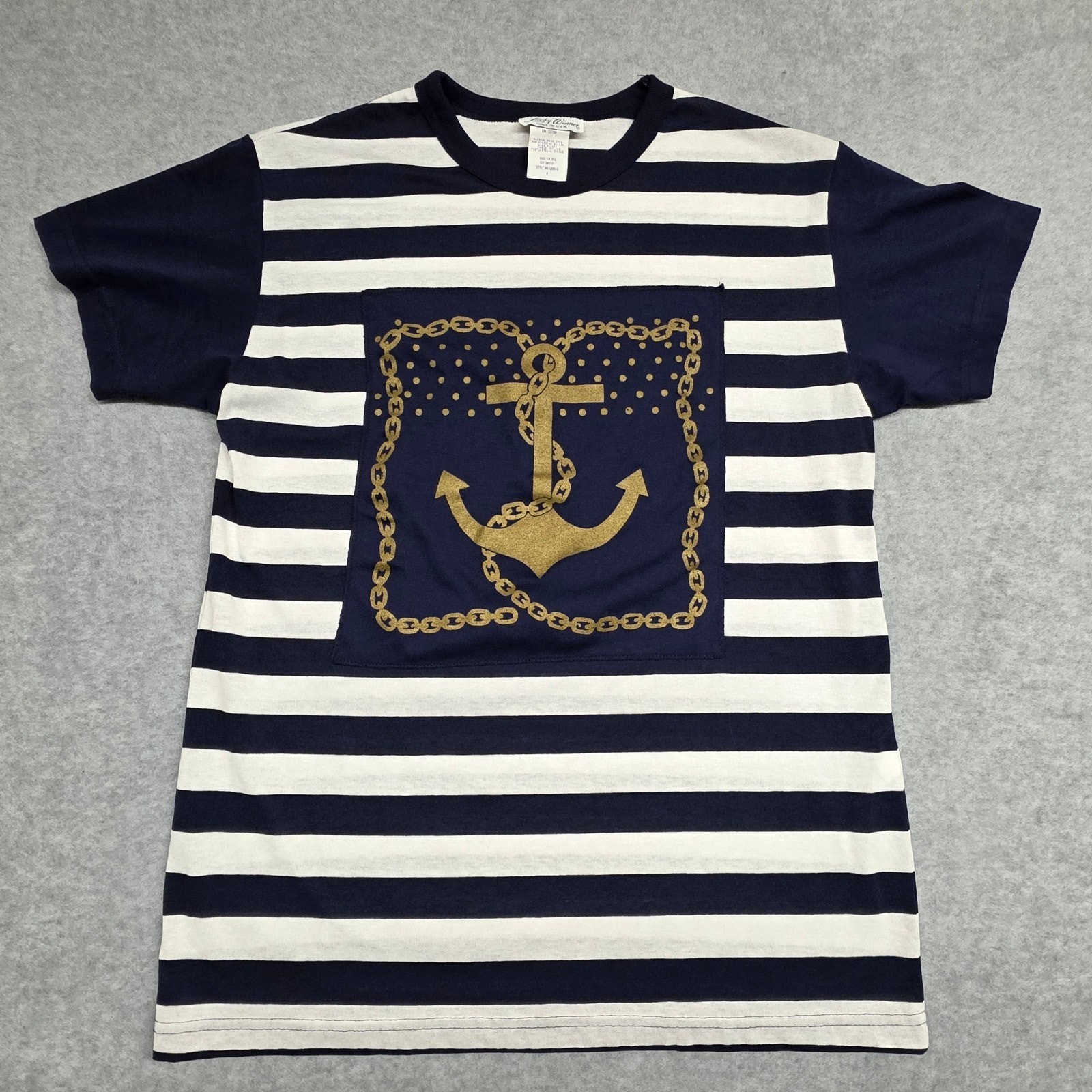 Vintage 90s Lucky Vince Nautical Anchor Graphic T-Shirt Made USA Navy Striped M Vintage 90s Lucky Vince Nautical Anchor Graphic T-Shirt Made USA Navy Striped M