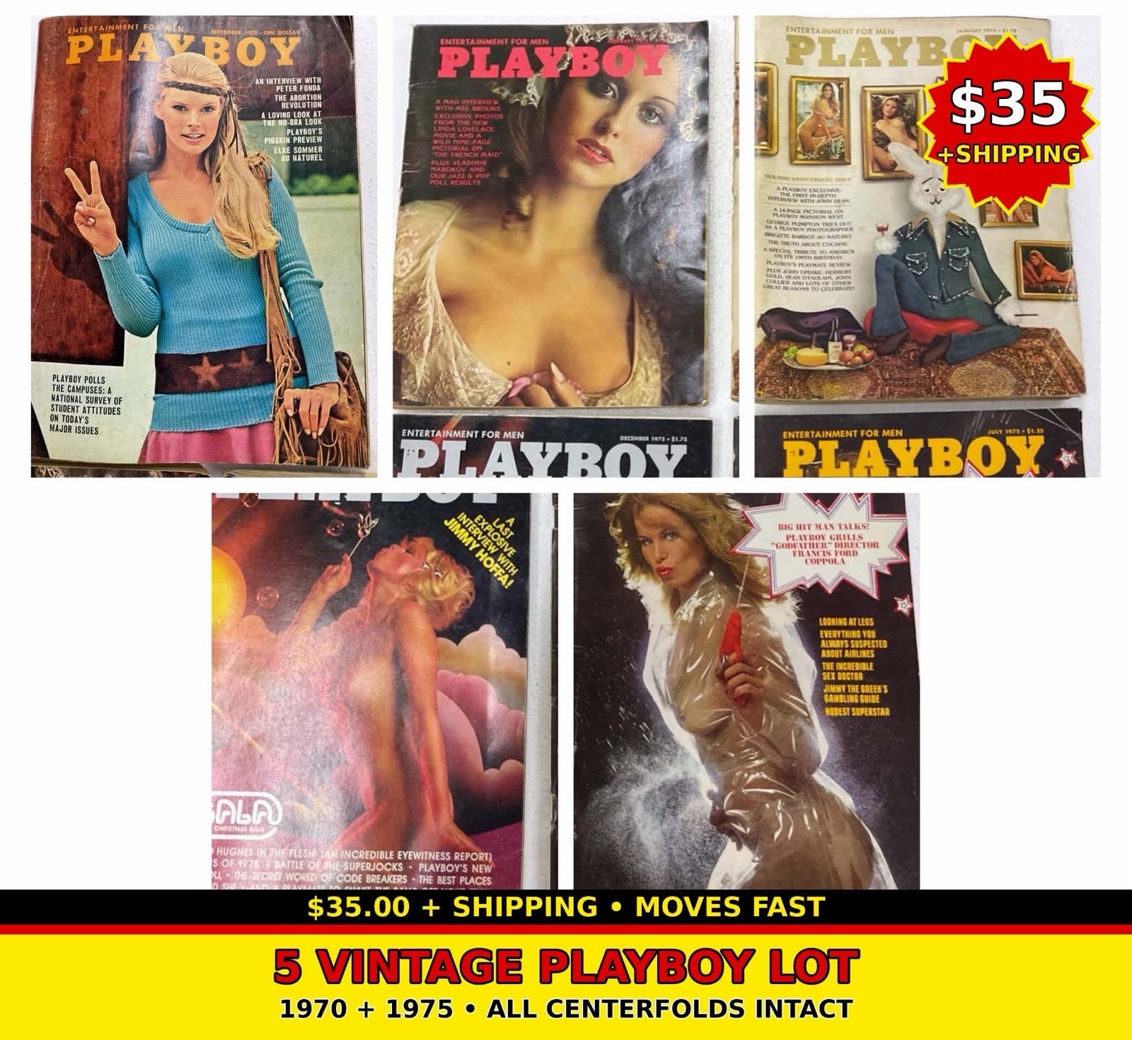 Vintage Playboy Magazine Lot 5 Issues 1970 & 1975 - Centerfolds Intact Vintage Playboy Magazine Lot 5 Issues 1970 & 1975 - Centerfolds Intact