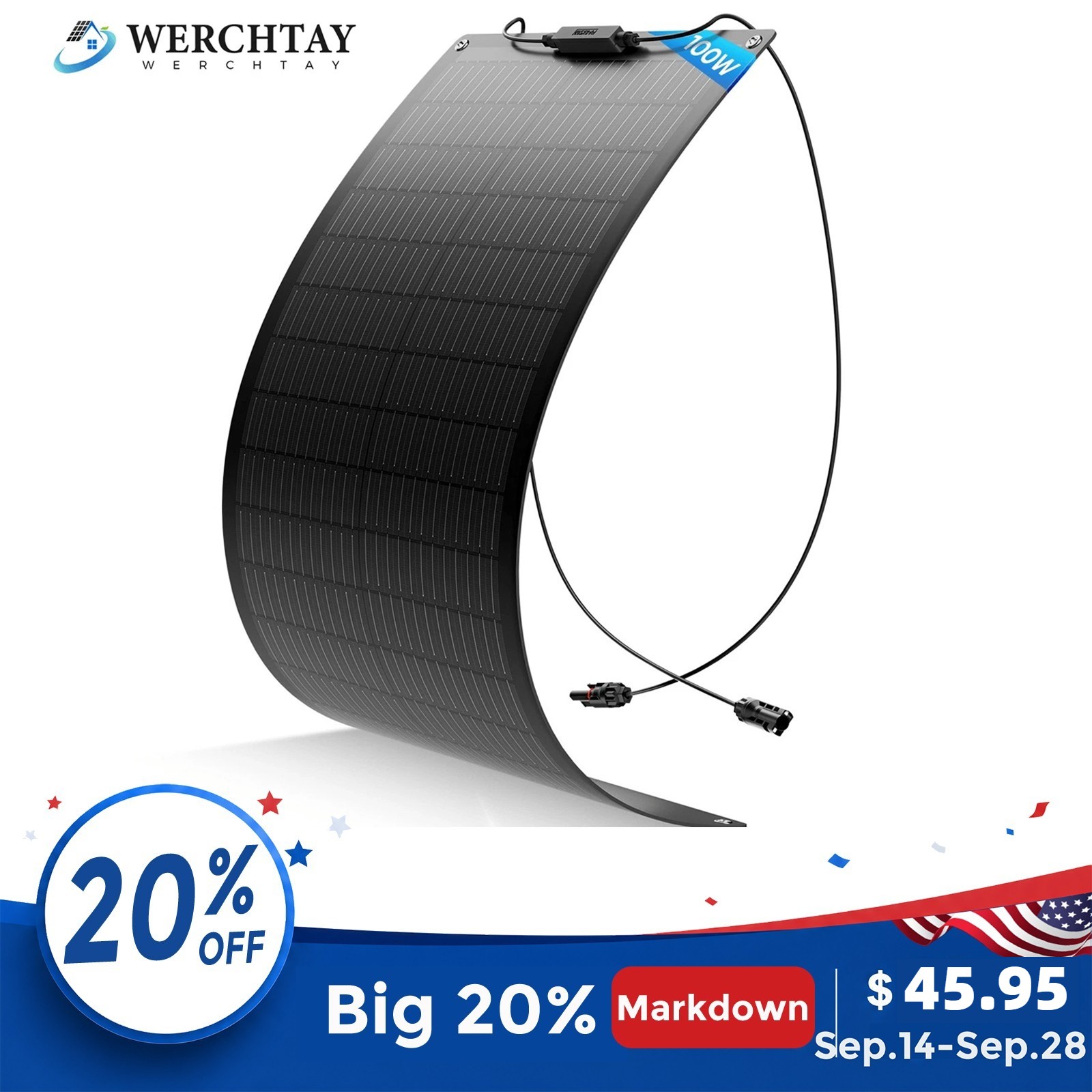 100W Flexible Solar Panel 12V Portable for Camping/RV/Home/Car Battery/Rooftop
