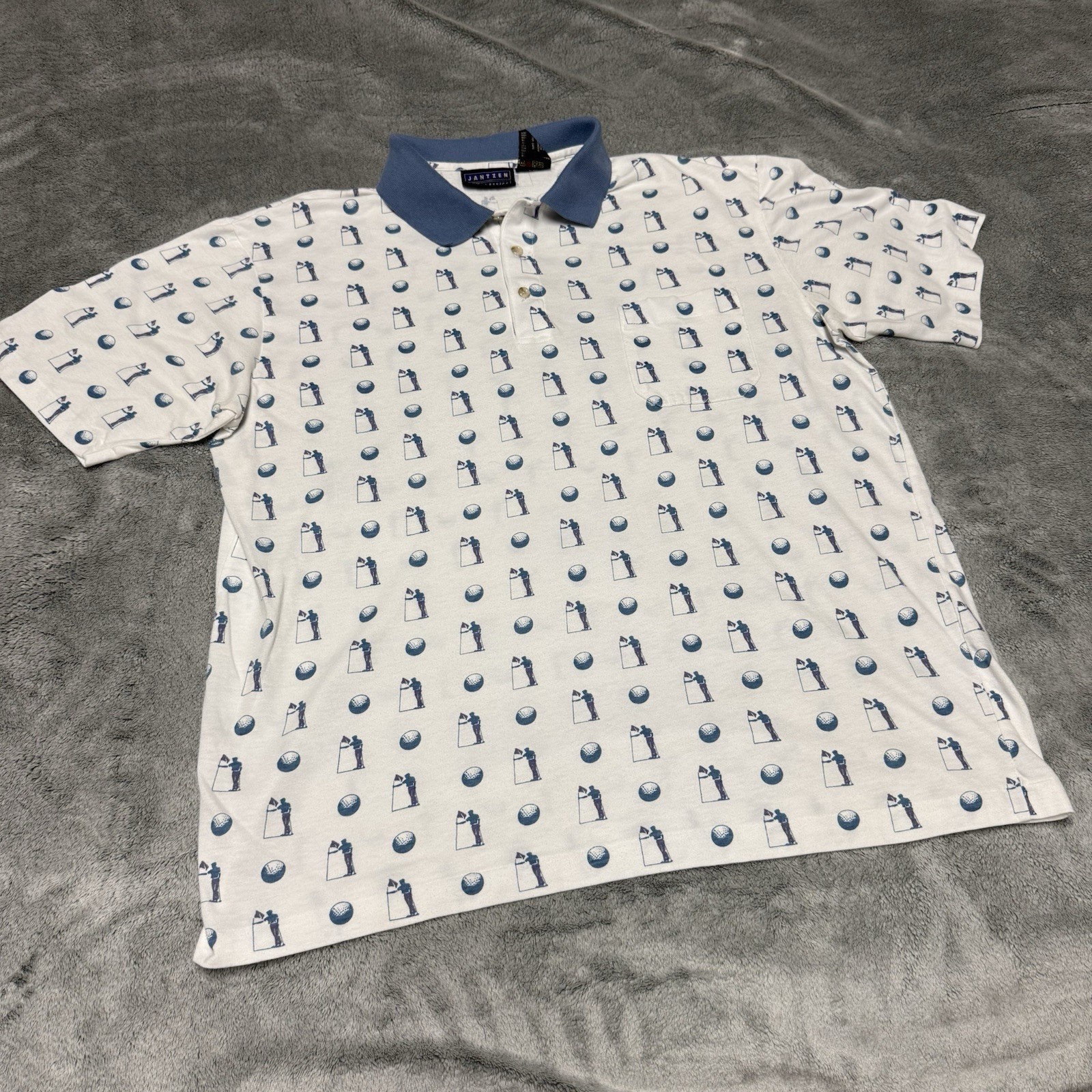 Vintage Jantzen Sport Polo Shirt Mens Large White Blue Allover Print Golf 90s Vintage Jantzen Sport Polo Shirt Mens Large White Blue Allover Print Golf 90s