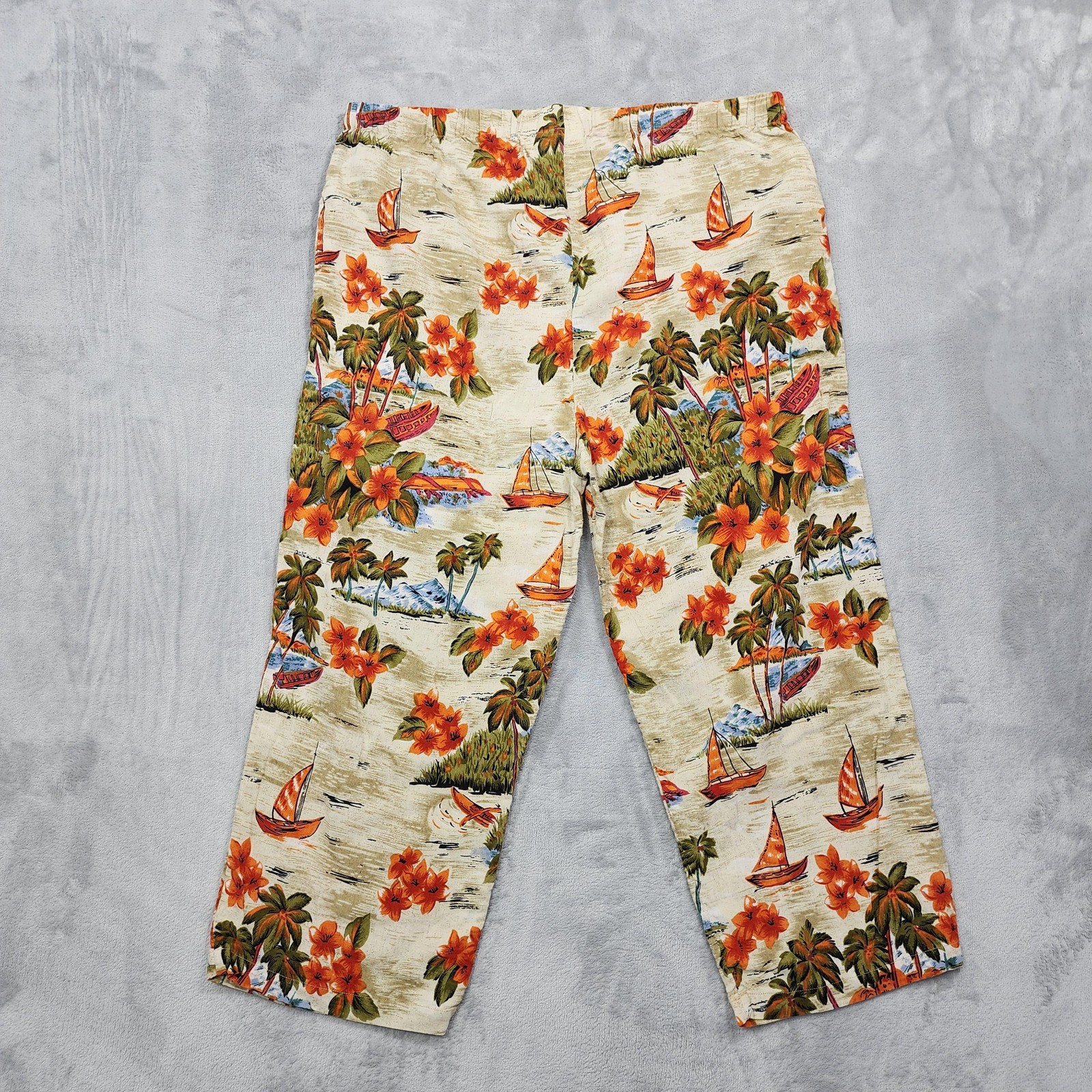 Vintage Take Two Pants Womens XL Beige Hawaiian Tropical Floral Linen Blend Crop