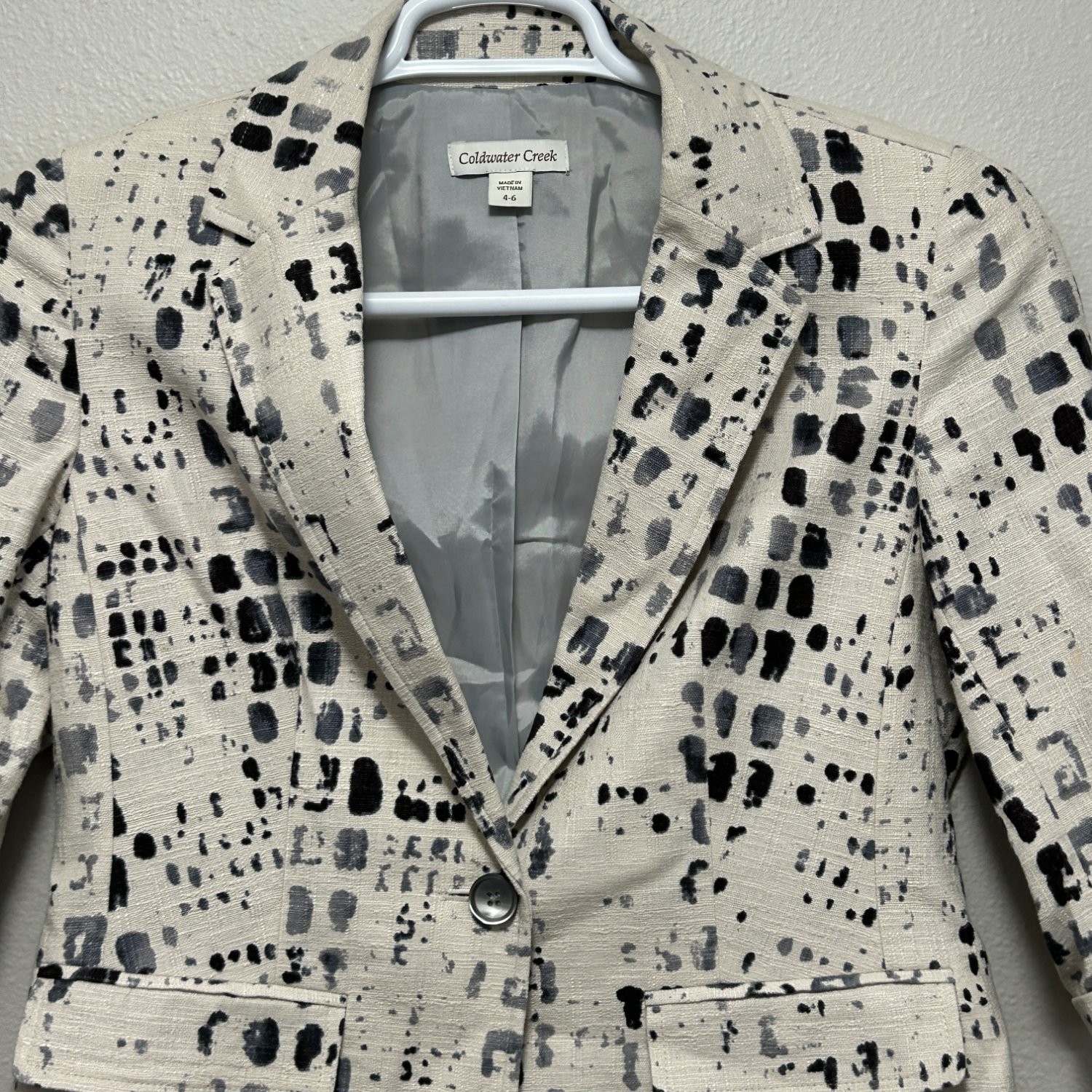 Coldwater Creek Blazer Womens 4-6 Ivory Linen Blend Abstract Dot Print 4013307 Coldwater Creek Blazer Womens 4-6 Ivory Linen Blend Abstract Dot Print 4013307