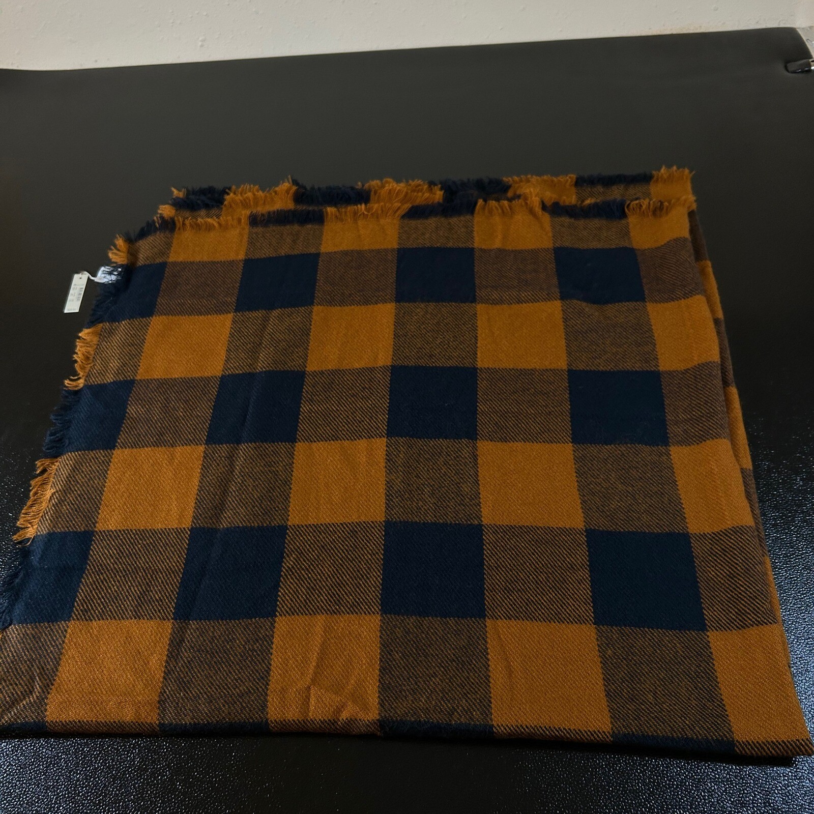 Madewell Blanket Scarf Buffalo Plaid Fringe Trim Oversized Brown Navy NWT $59