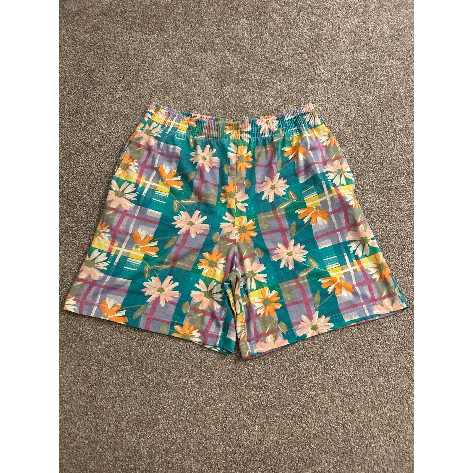 Bold Spirit Shorts Women Small Teal Floral Plaid Excellent Vintage Elastic Waist