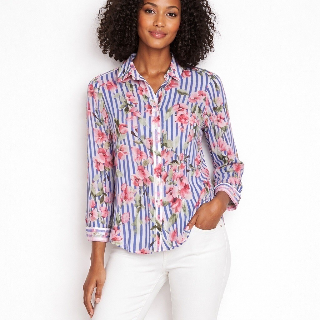 Talbots Petites Women\'s Small Floral Stripe Button Down Shirt Preppy Coastal
