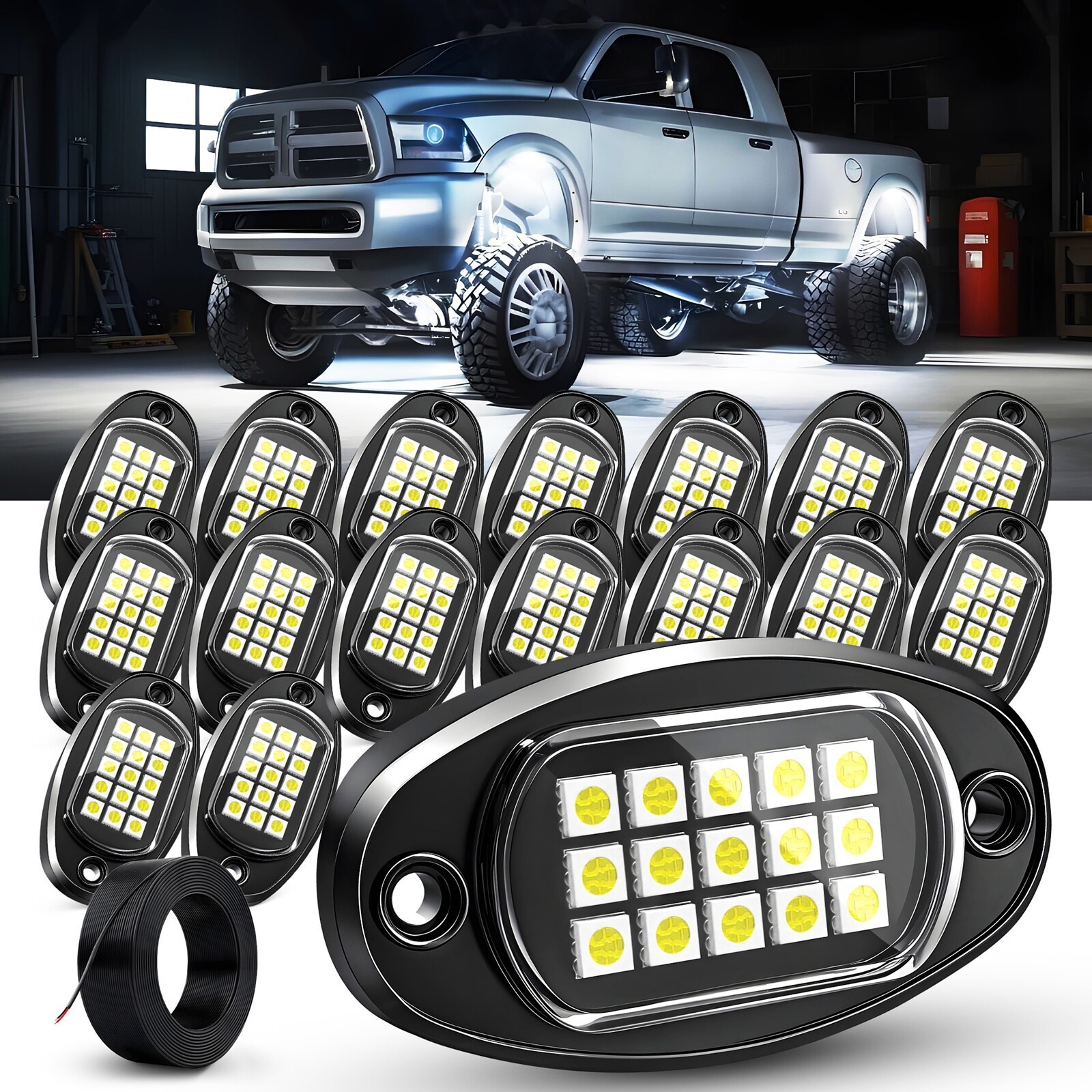 16 Pods Pure White LED Underbody Rock Lights Kits for Offroad Trucks SUV UTV RZR