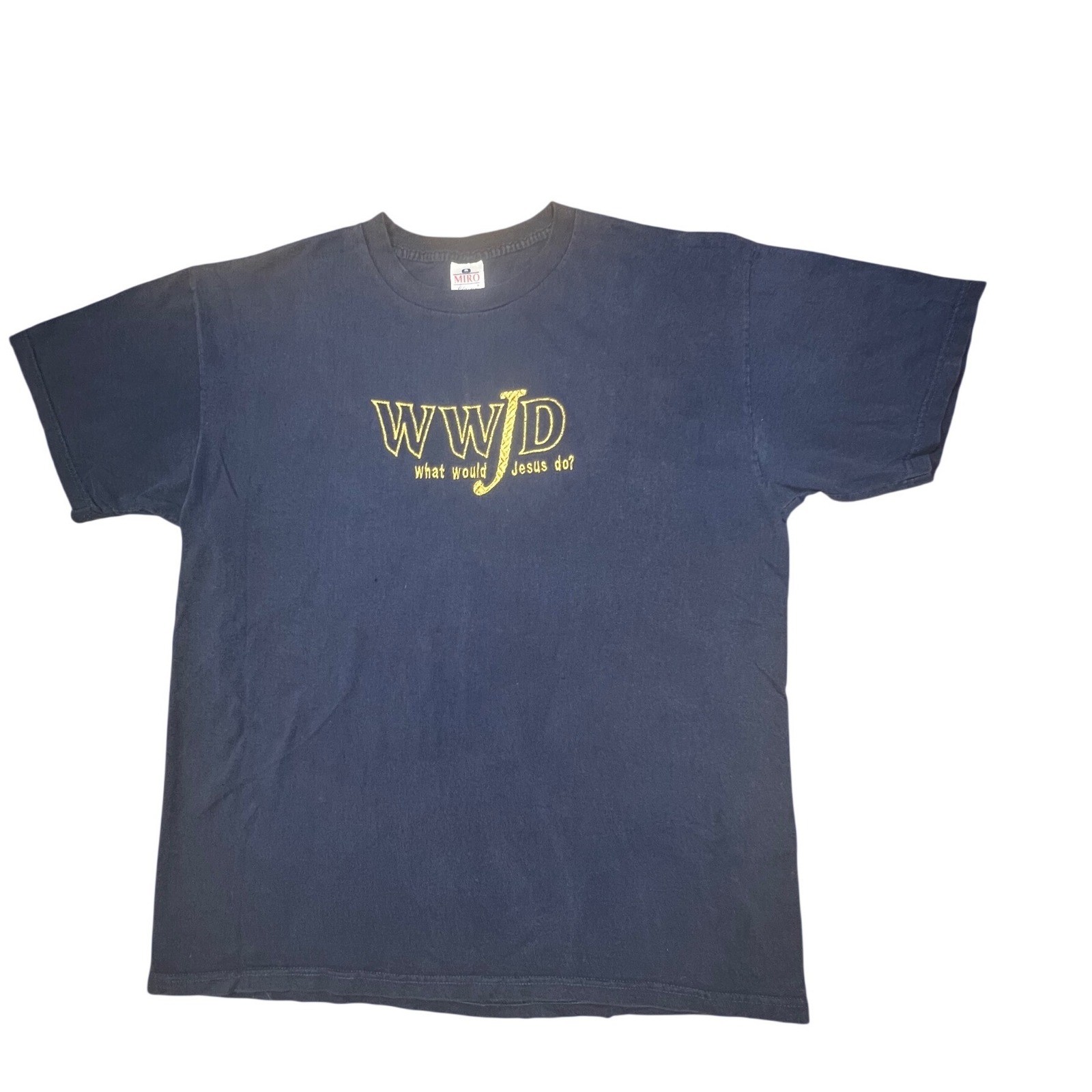 MIRO Classics WWJD What Would Jesus Do T Shirt XL Navy Blue Cotton USA vintage