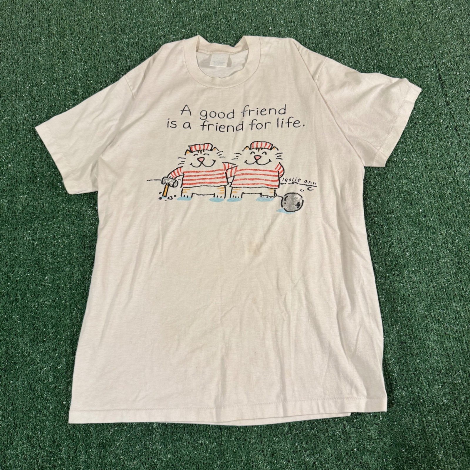 Vintage Leslie Ann Cats Graphic T-Shirt Off White XL Made in USA Single Stitch