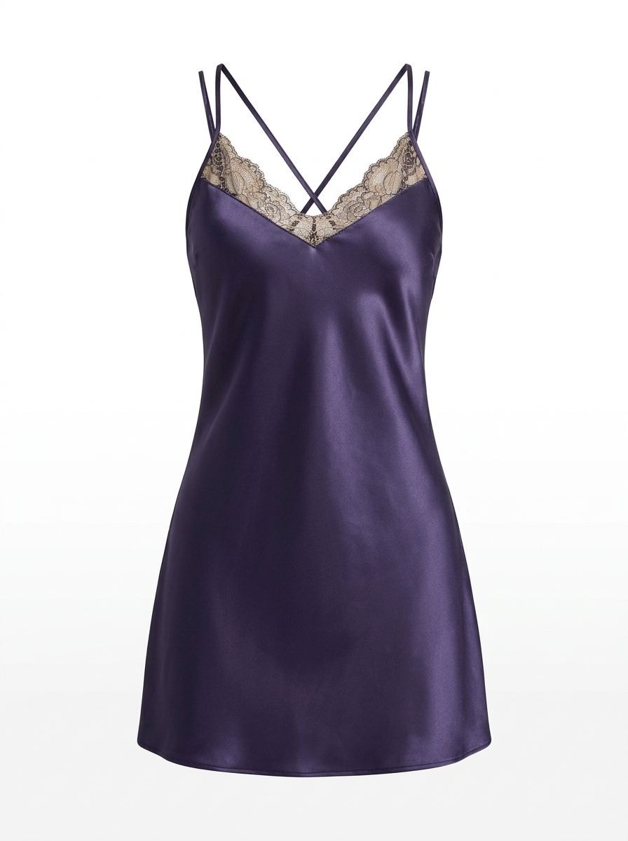 NWT Linea Donatella Geliila Satin Lace Chemise Sz L Eggplant Purple Sleepwear