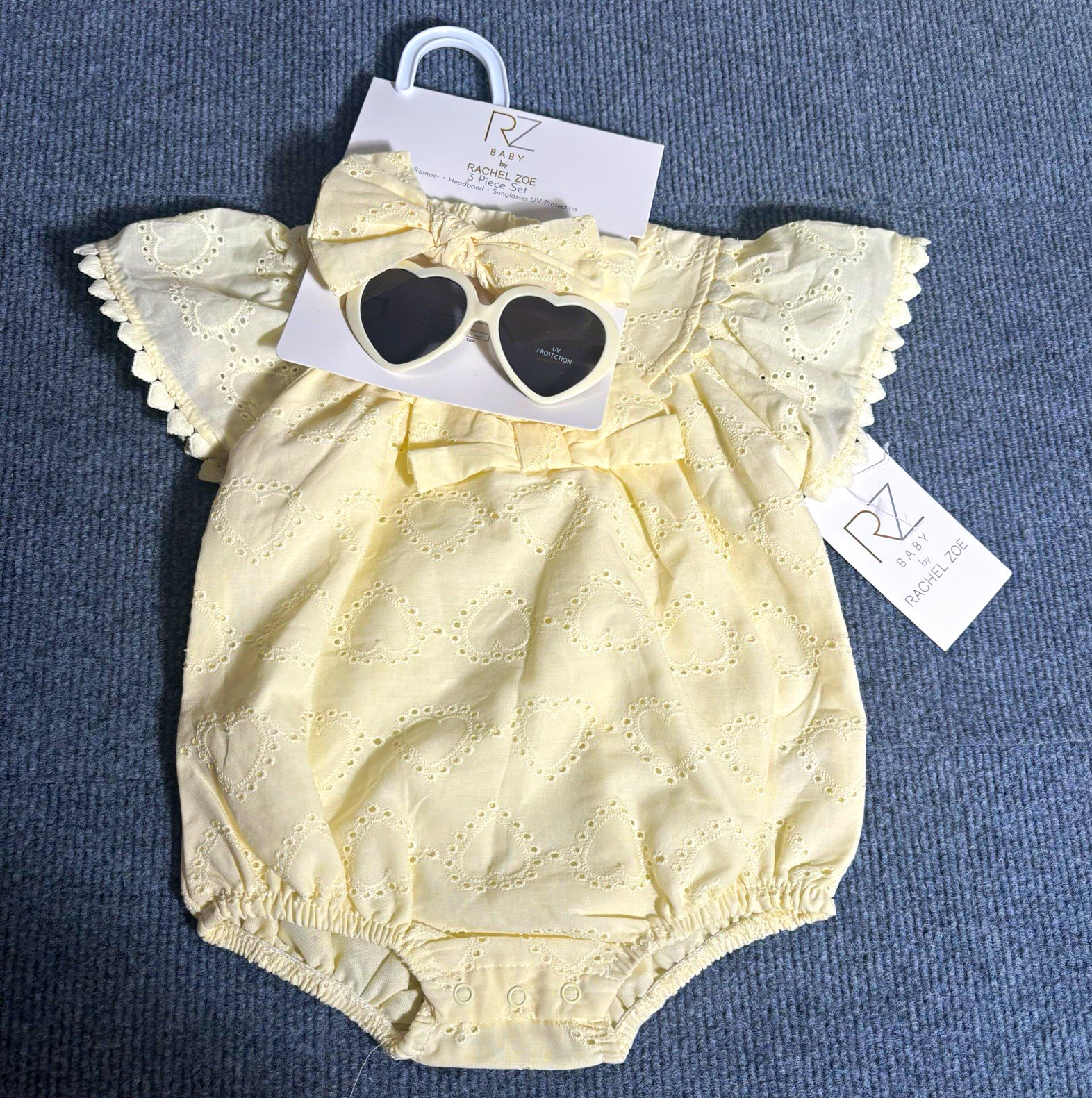 RZ Baby by Rachel Zoe Ivory Eyelet Heart Romper 3pc Set 3-6M UV Shades
