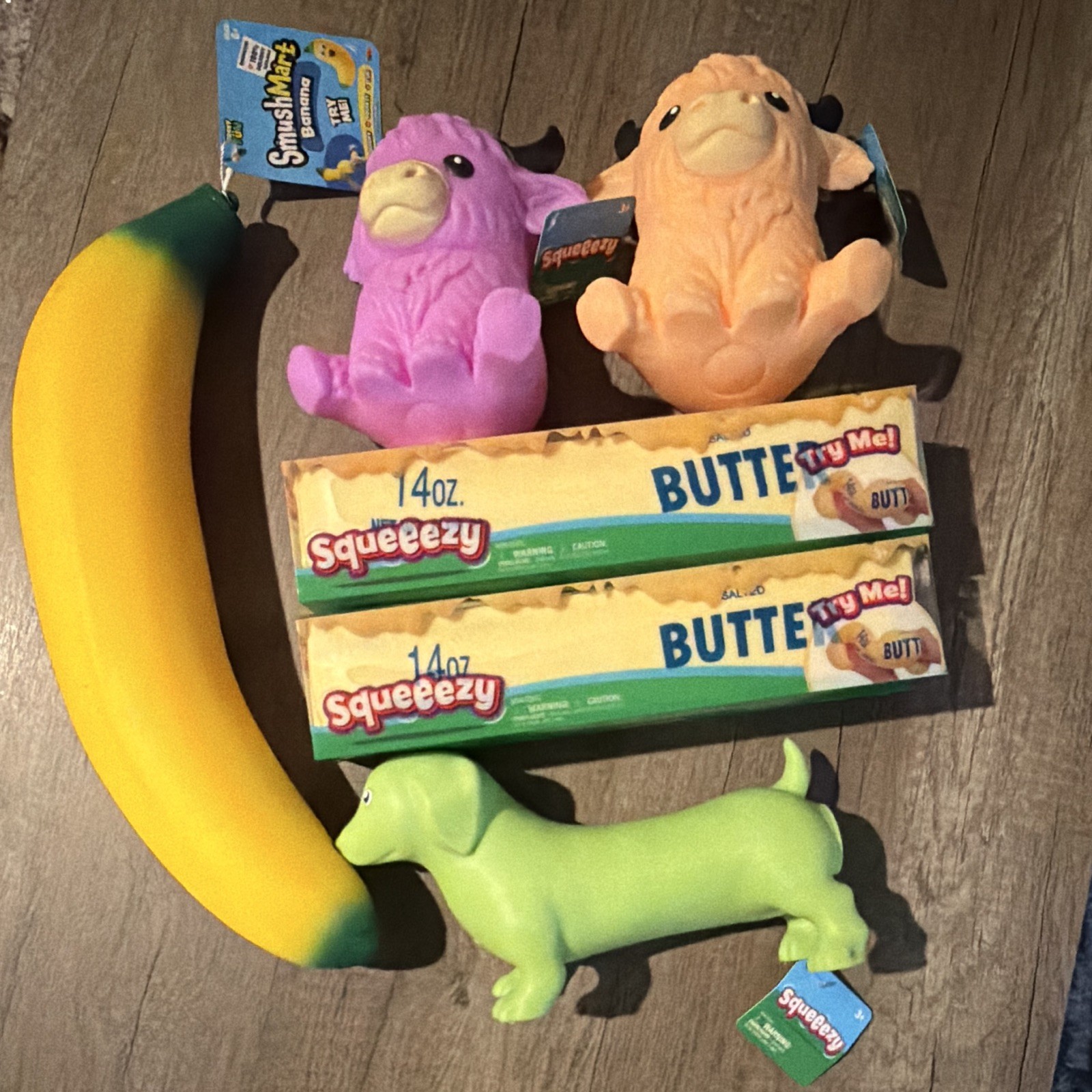 New Squeeezy Squeeze Lot SmushMart Banana Butter Sticks Purple Peach Cows Dog New Squeeezy Squeeze Lot SmushMart Banana Butter Sticks Purple Peach Cows Dog