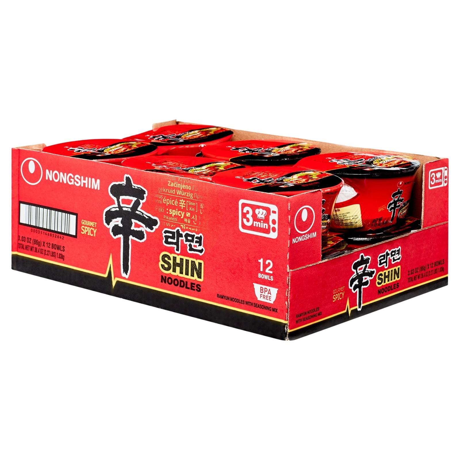 Nongshim Shin Ramyun Spicy Beef Ramen Noodle Soup Bowl, 3.03oz X 12 Count, Shelf Nongshim Shin Ramyun Spicy Beef Ramen Noodle Soup Bowl, 3.03oz X 12 Count, Shelf