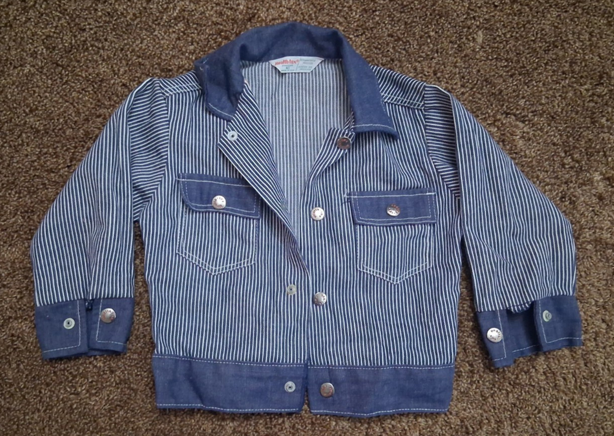 VINTAGE HEALTH TEX 70s 80s CHILDREN\'S BOYS STRIPED DENIM CONDUCTORS JACKET 4T