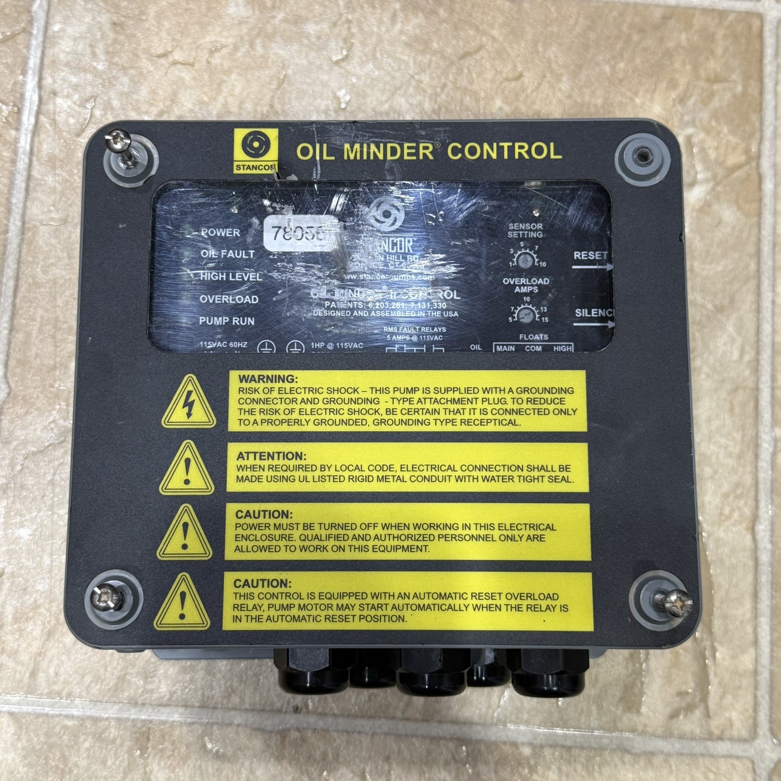 Stancor Oil Minder II 2 Control, J-Box, Type 4x, Elevator Pit Sump Pump UNTESTED