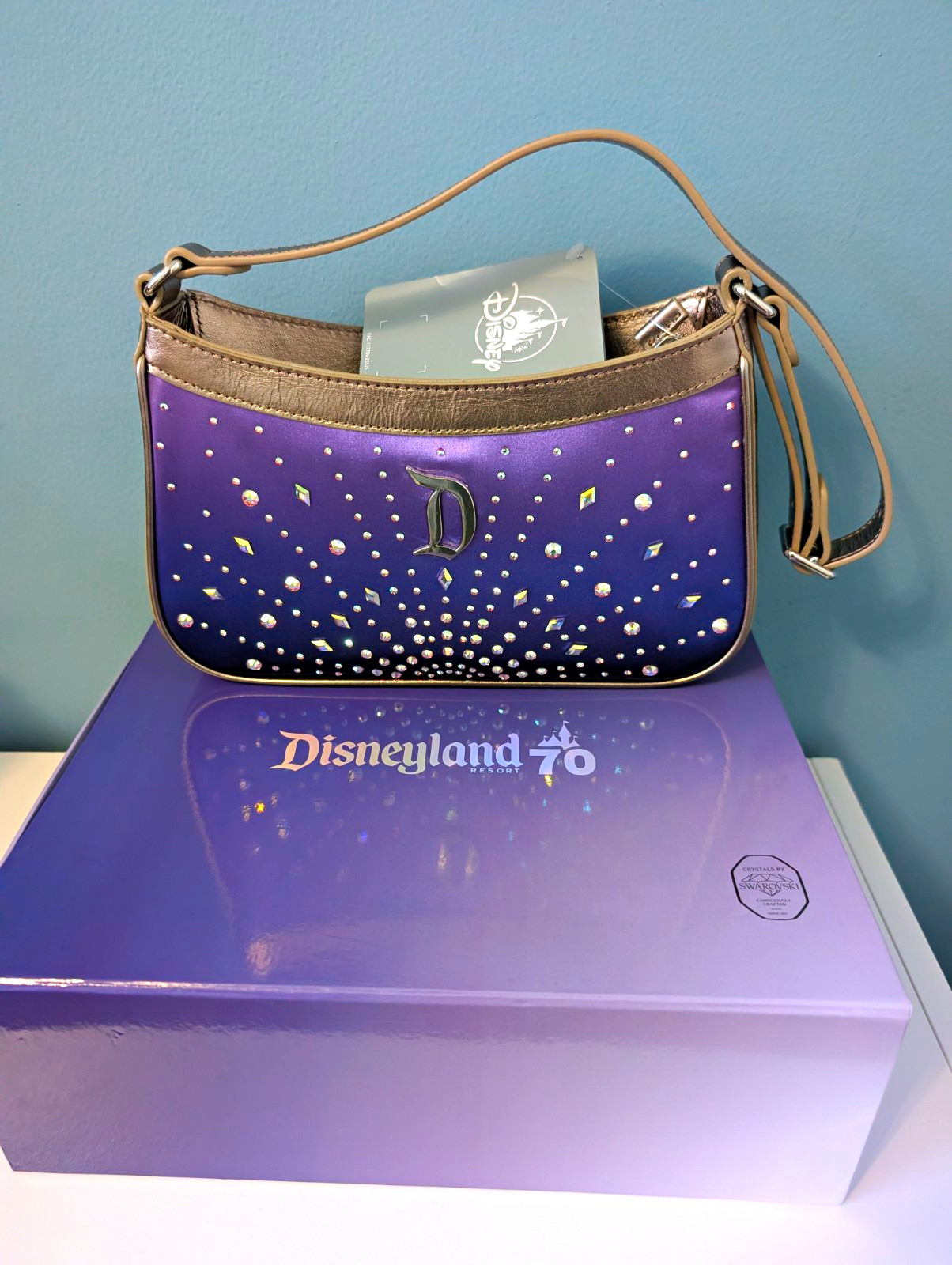 Disneyland 70th Swarovski Crystal Studded Small Shoulder Bag Purse Purple/Silver Disneyland 70th Swarovski Crystal Studded Small Shoulder Bag Purse Purple/Silver