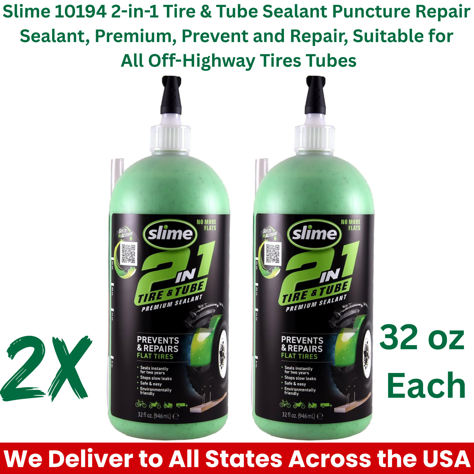 2-Pack of Slime 10194 32 Oz 2-in-1 Tire & Tube Premium Sealant for Off-Road Tire