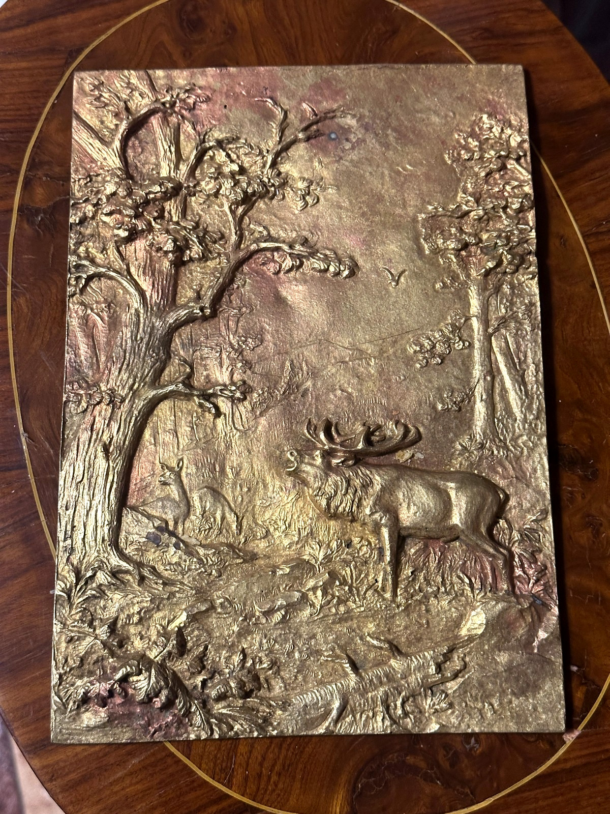Vintage Relief Plaque Stag in Forest metal copper Love is stronger than death